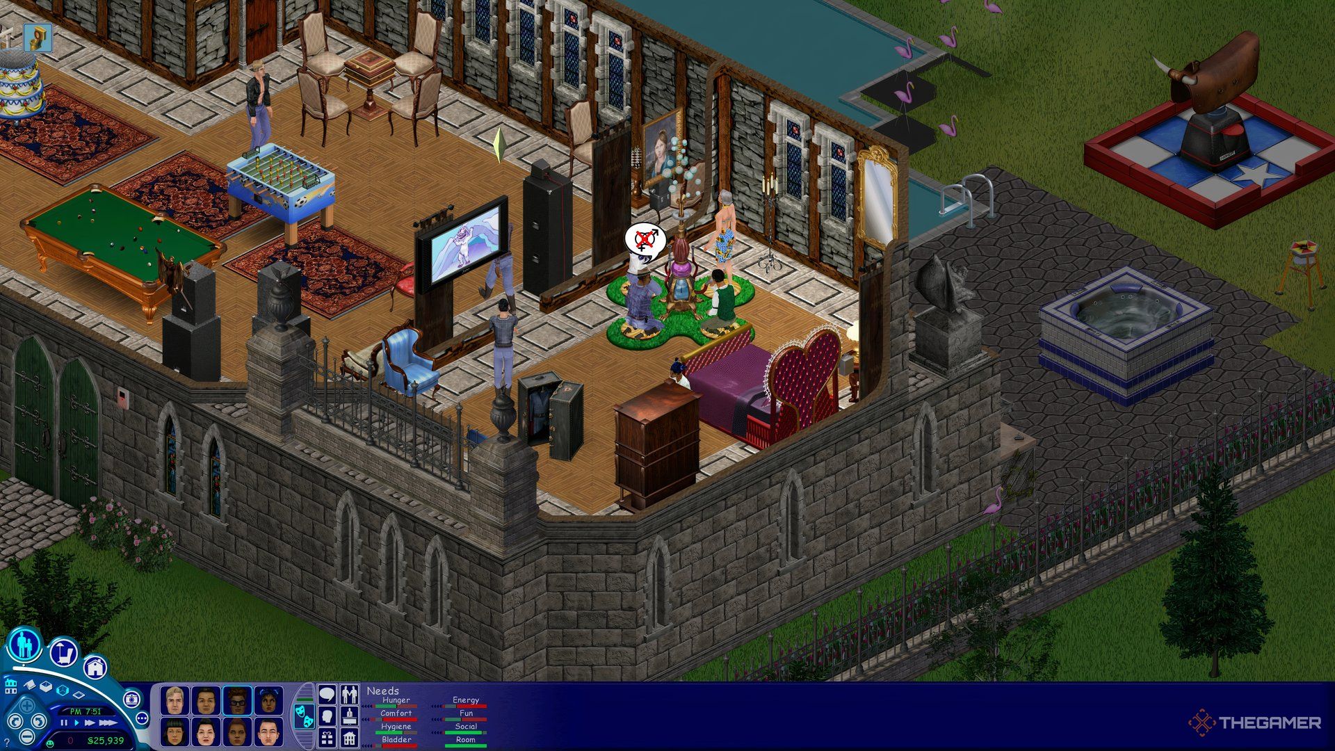 A house party in The Sims where a TV, bubble blower, and costume trunk are on display.