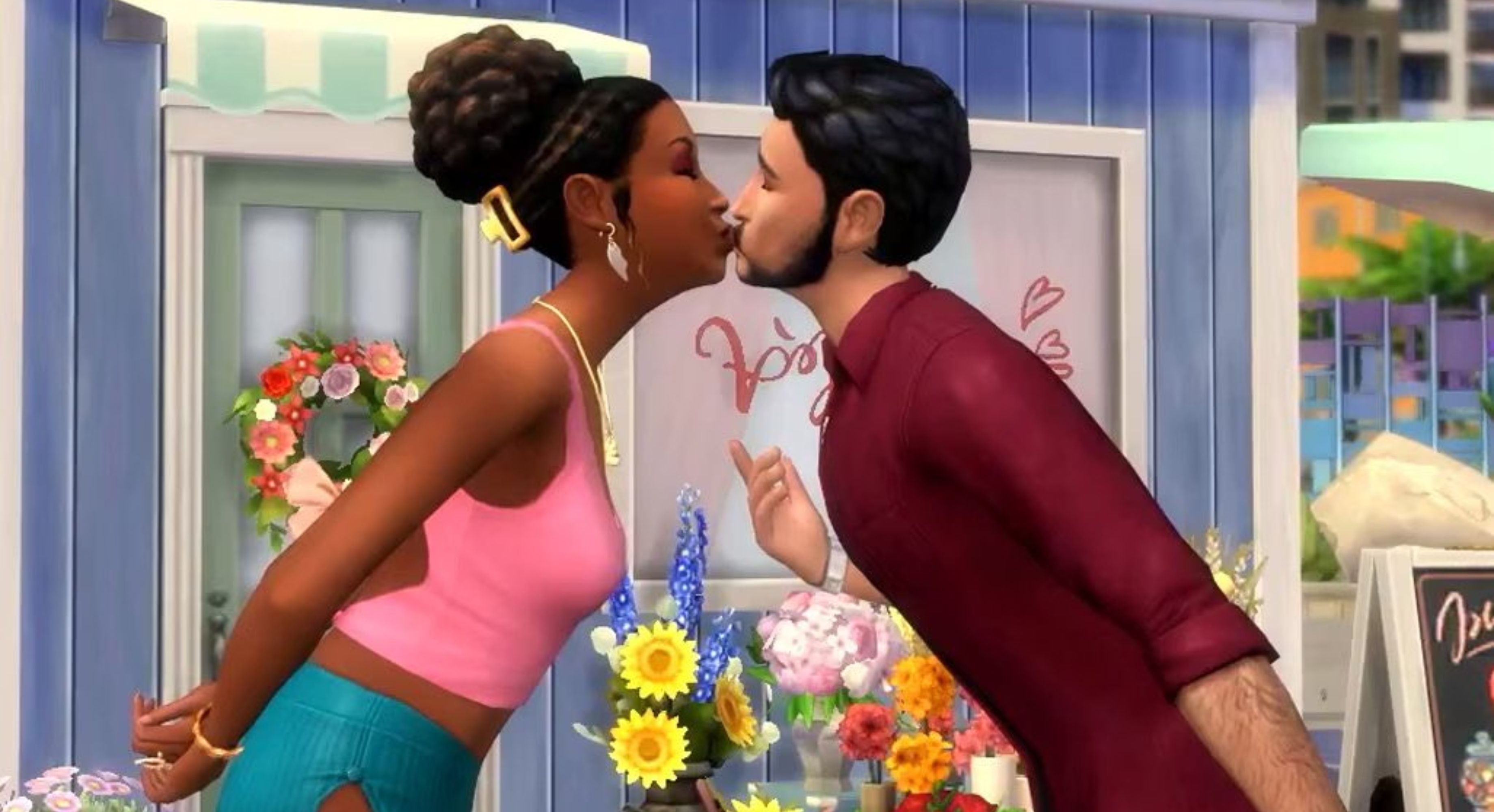 Two Sims kissing in front of a flower stand