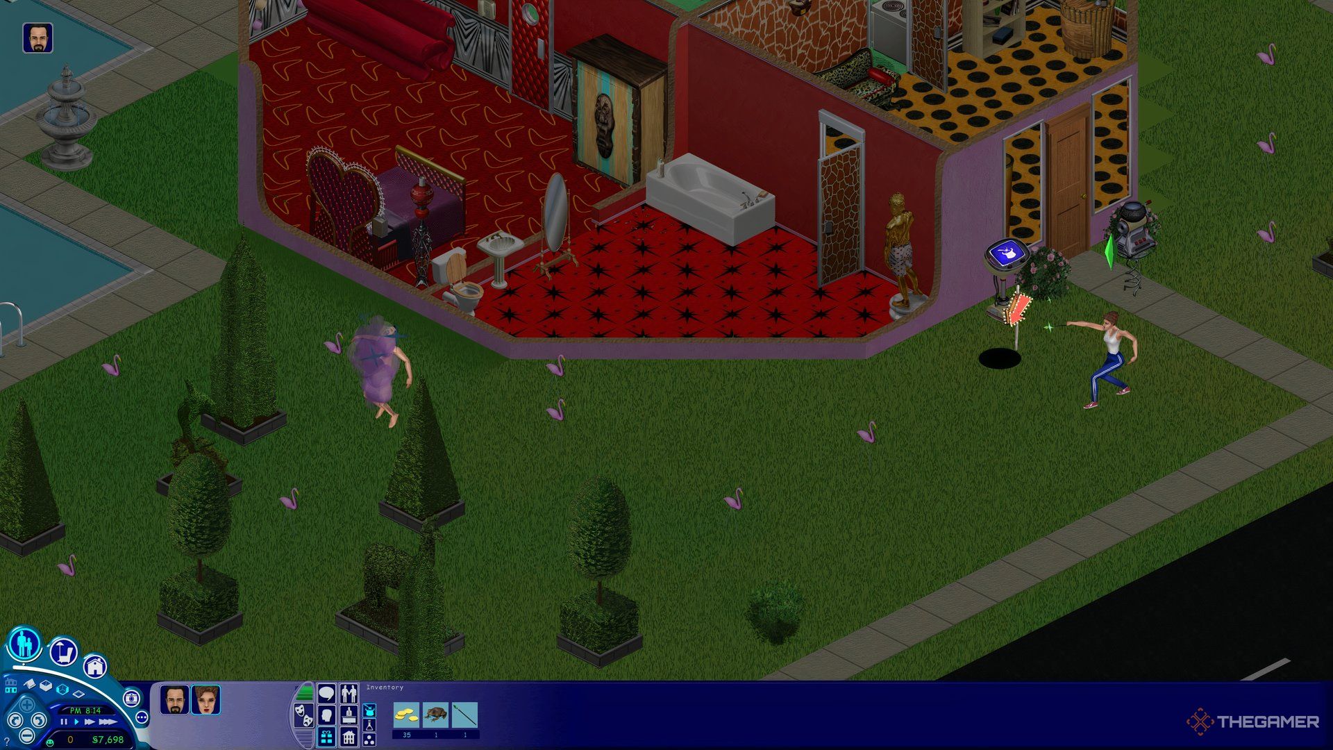 The Mashuga family in The Sims casting a toadification spell outside their house.