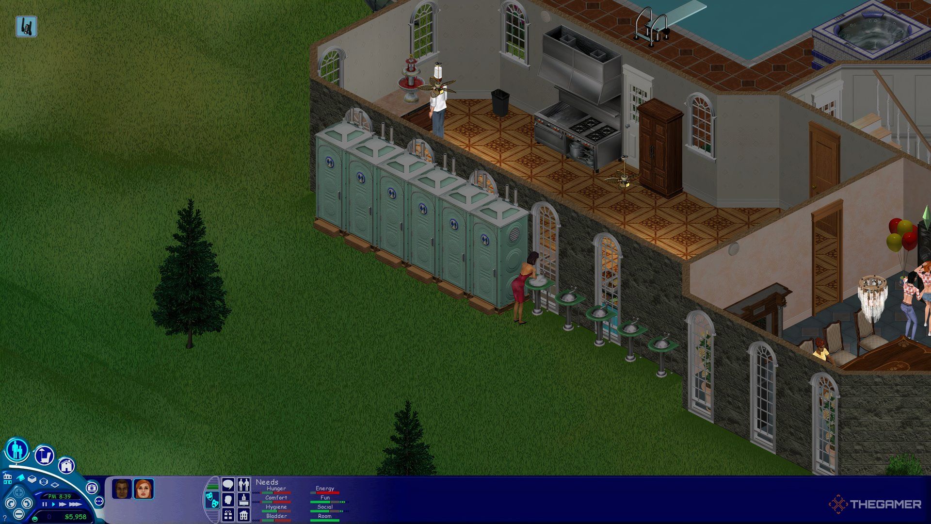 A row of potapotties at a party in The Sims with Bella Goth washing her hands.