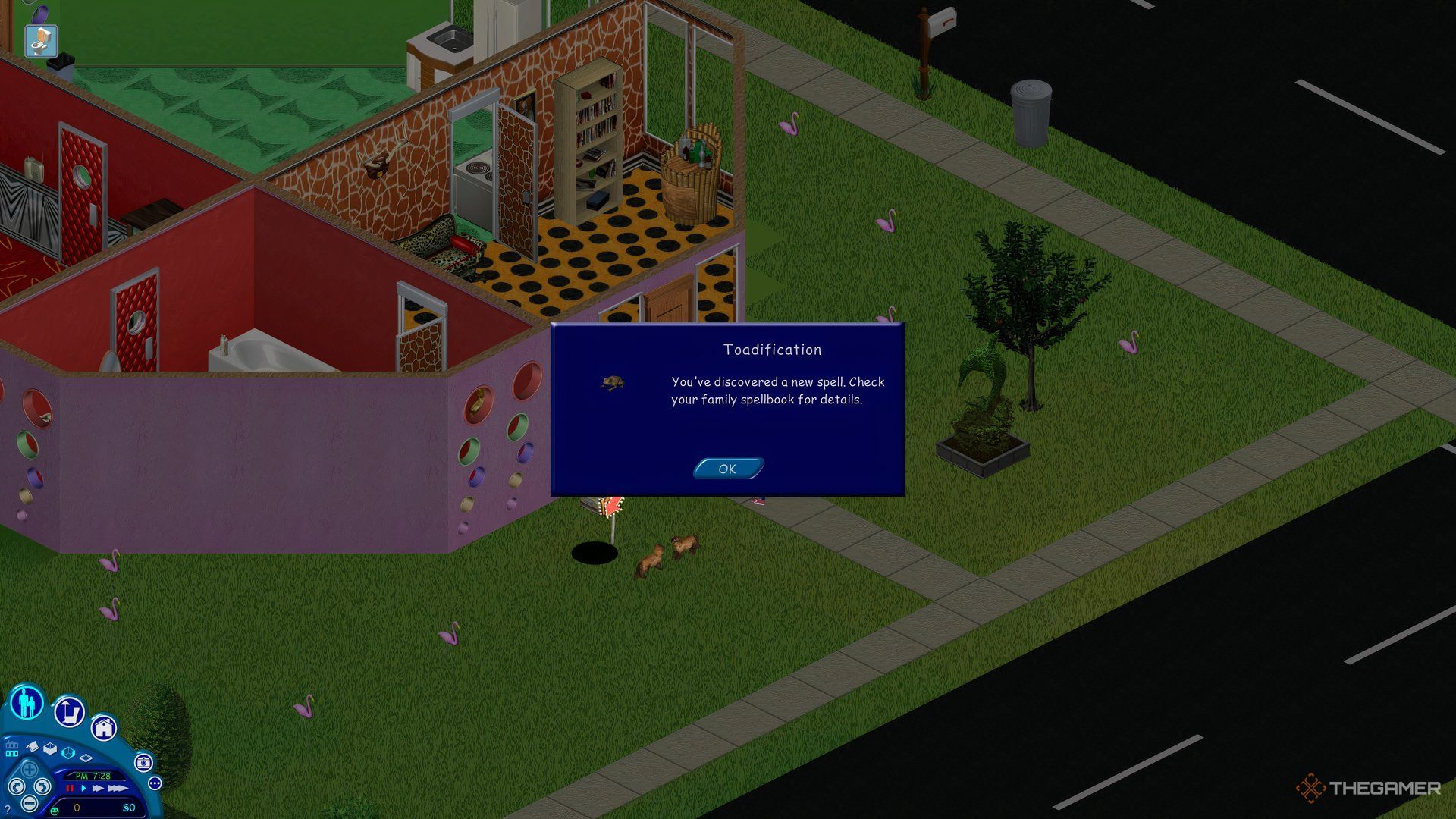 A pop-up in The Sims Makin' Magic explaining what a Toadification spell is outside of the Mashuga house.