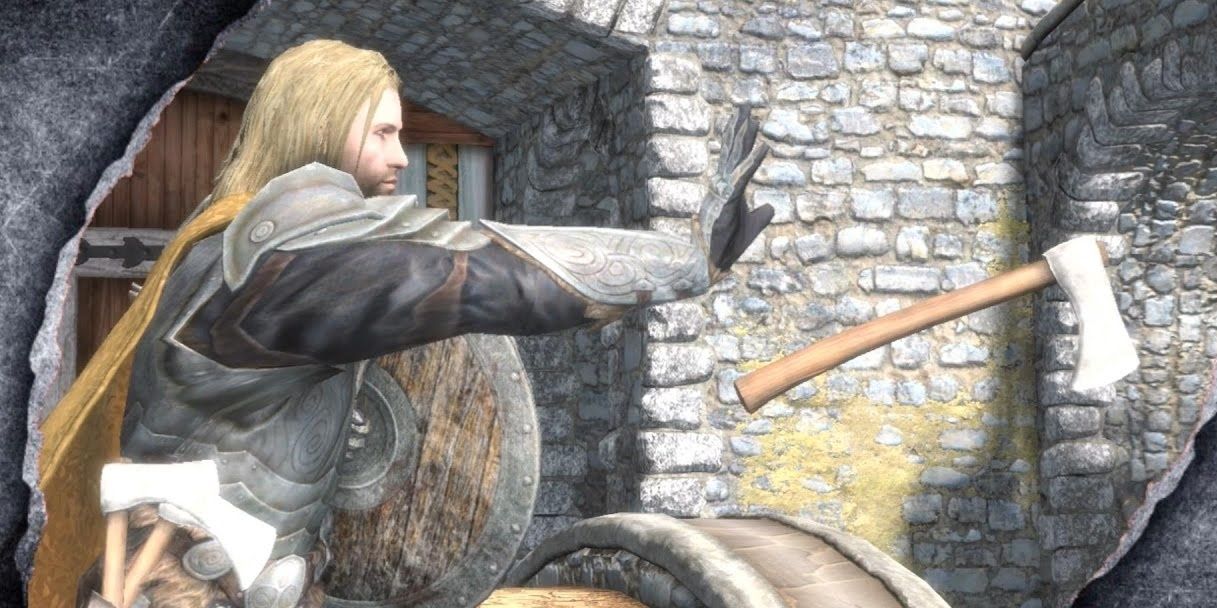 Skyrim: An axeman launches his hand axe ahead of himself.