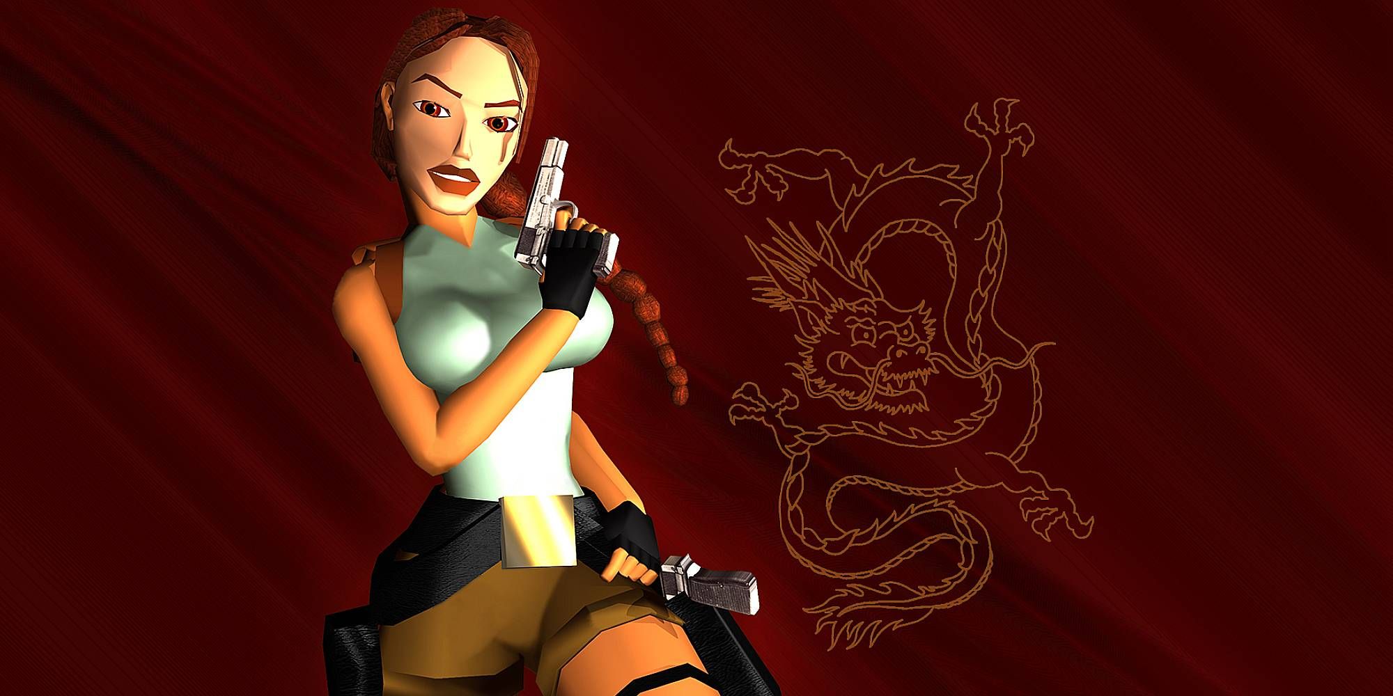 Lara Croft poses with a gun with a Chinese dragon on a flag in the background.