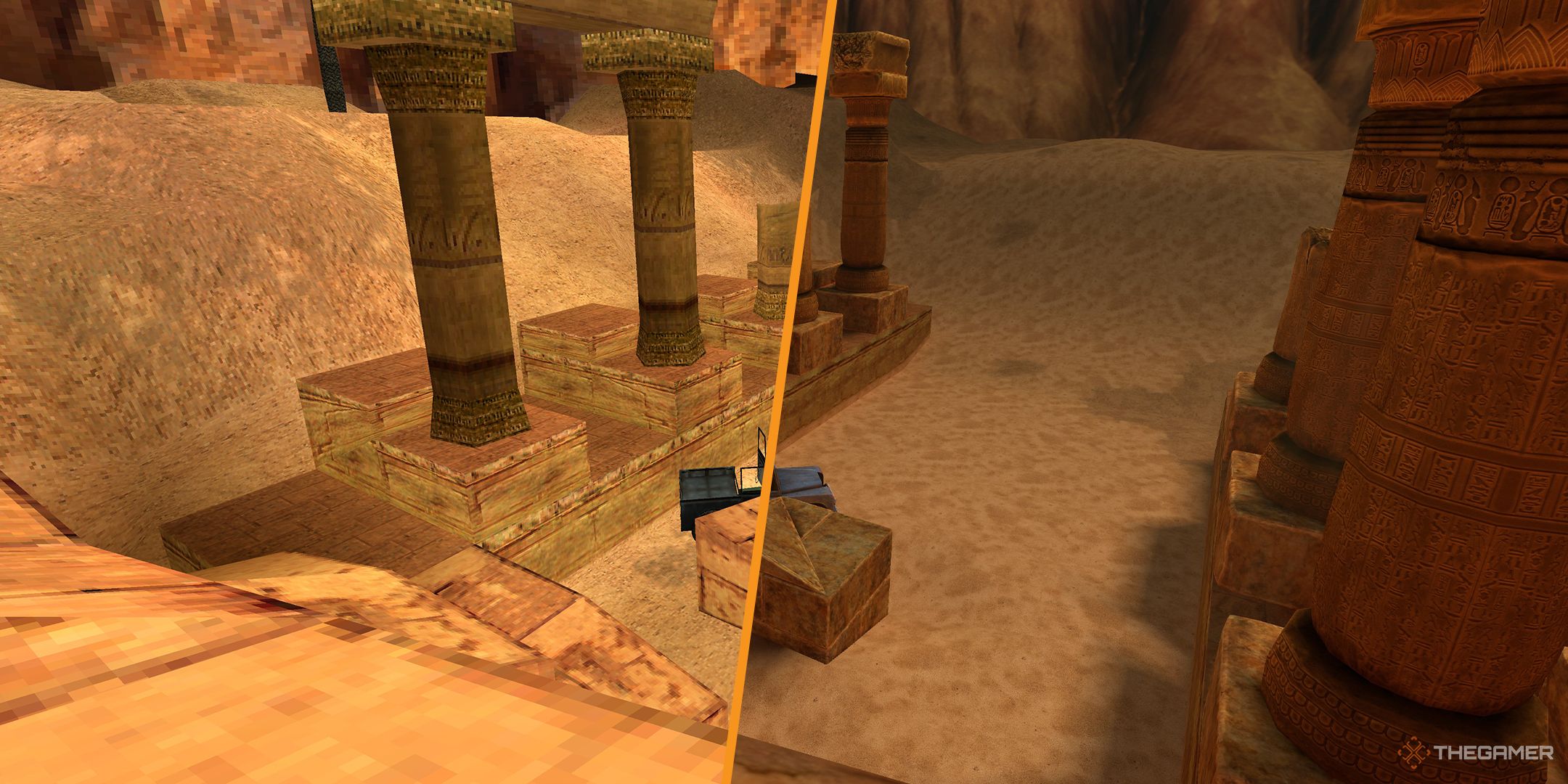 Tomb Raider 4 remastered side-by-side of the jeep parked in Egyptian ruins.