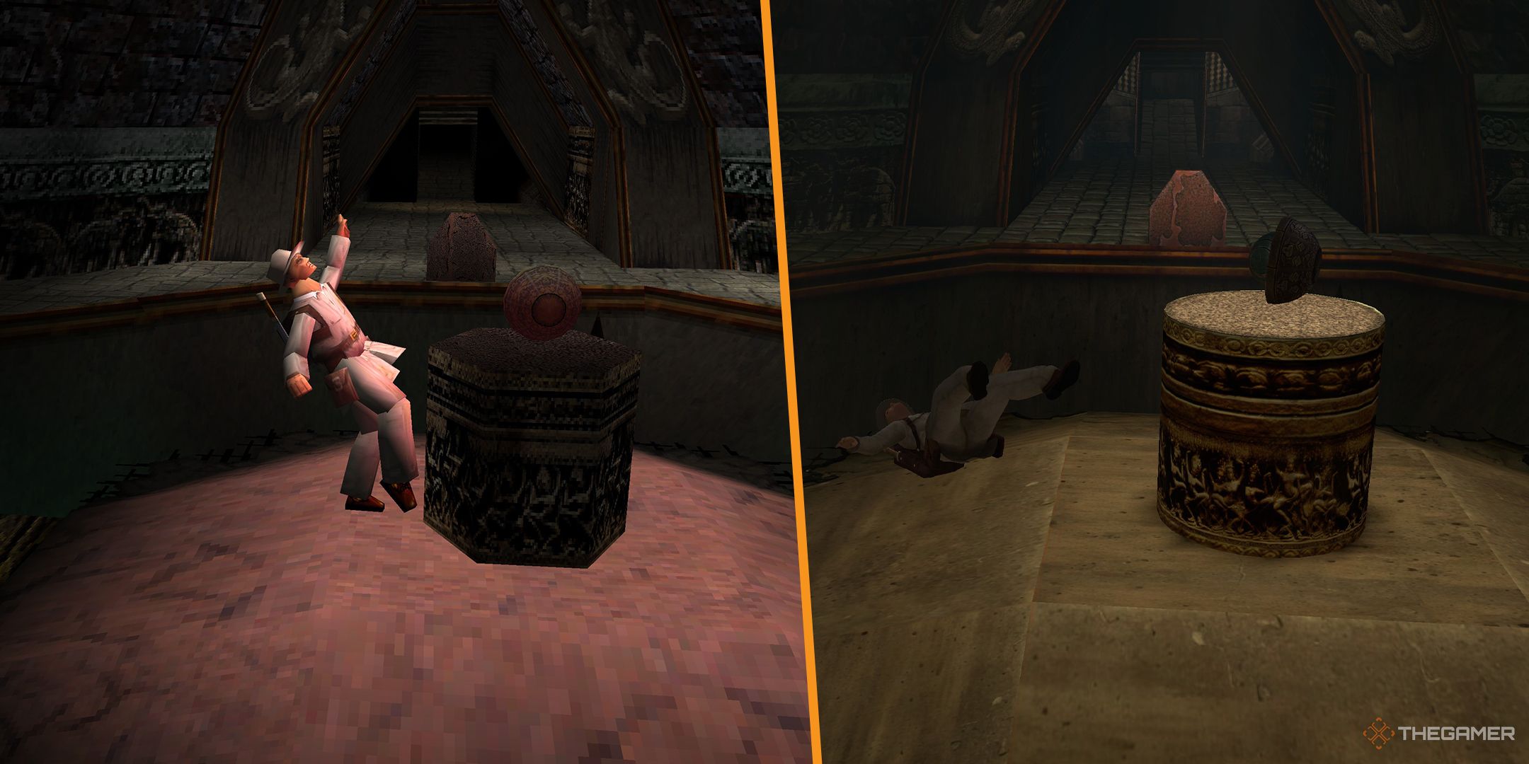 Tomb Raider 4 remastered side-by-side of Werner Von Croy falling over.