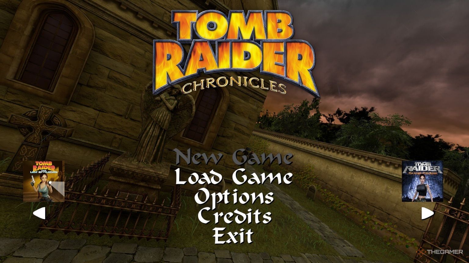 The main menu of Tomb Raider 4-6 Remastered, showing graves in Tomb Raider Chronicles' main menu.