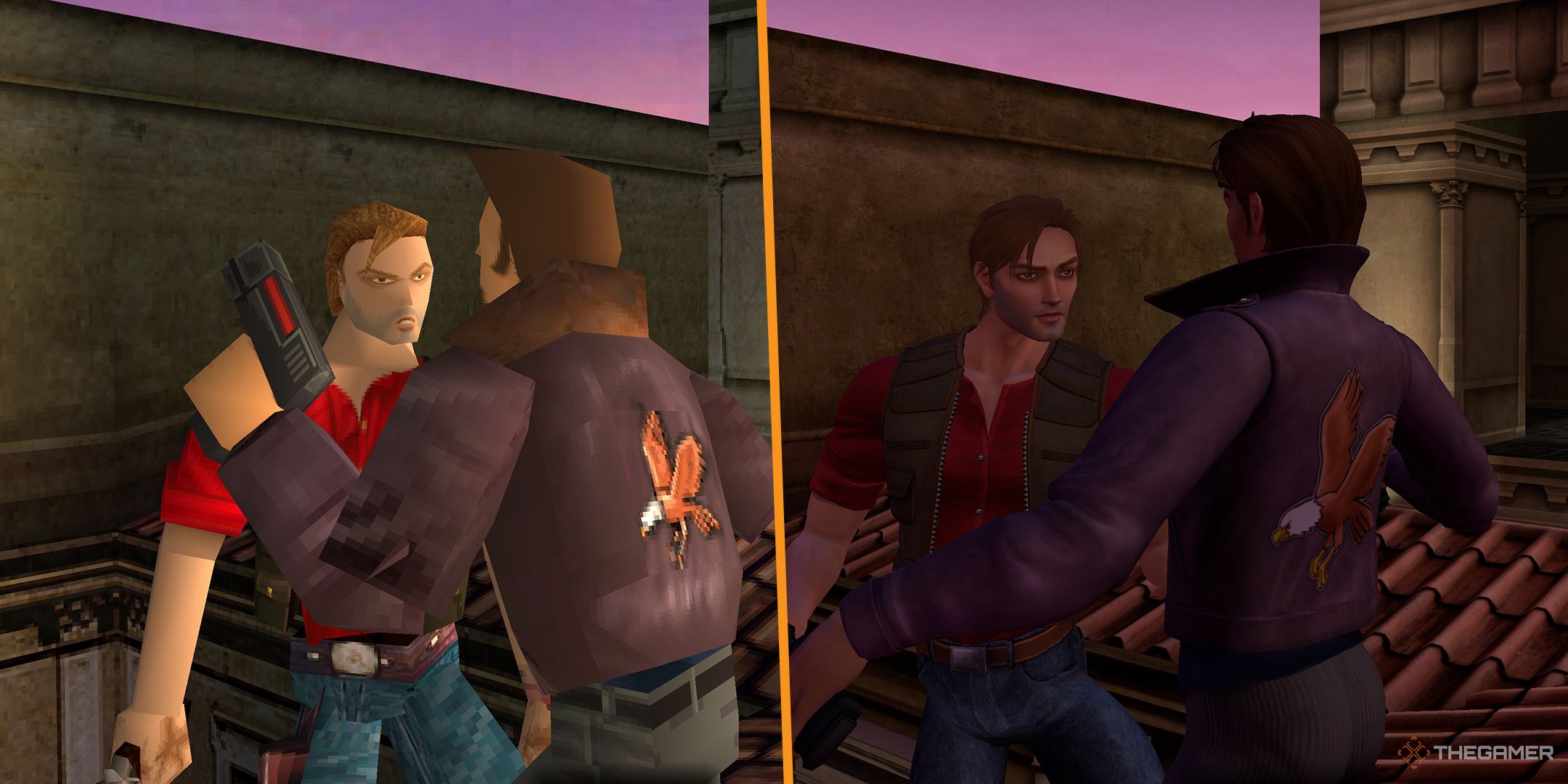 Tomb Raider Chronicles remastered side-by-side of two villains arguing on a rooftop.