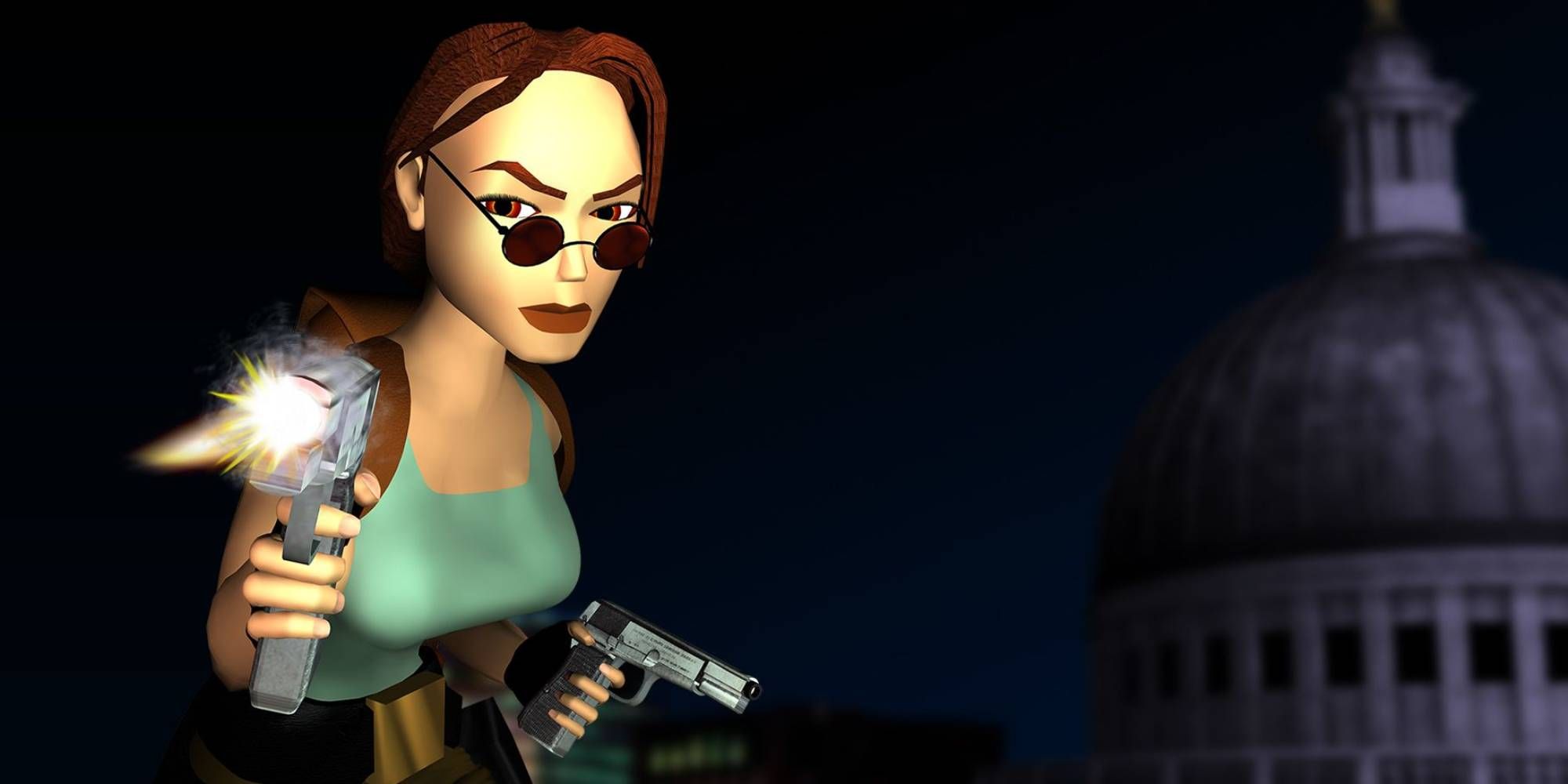 Lara Croft shoots a pistol as she poses outside a city.