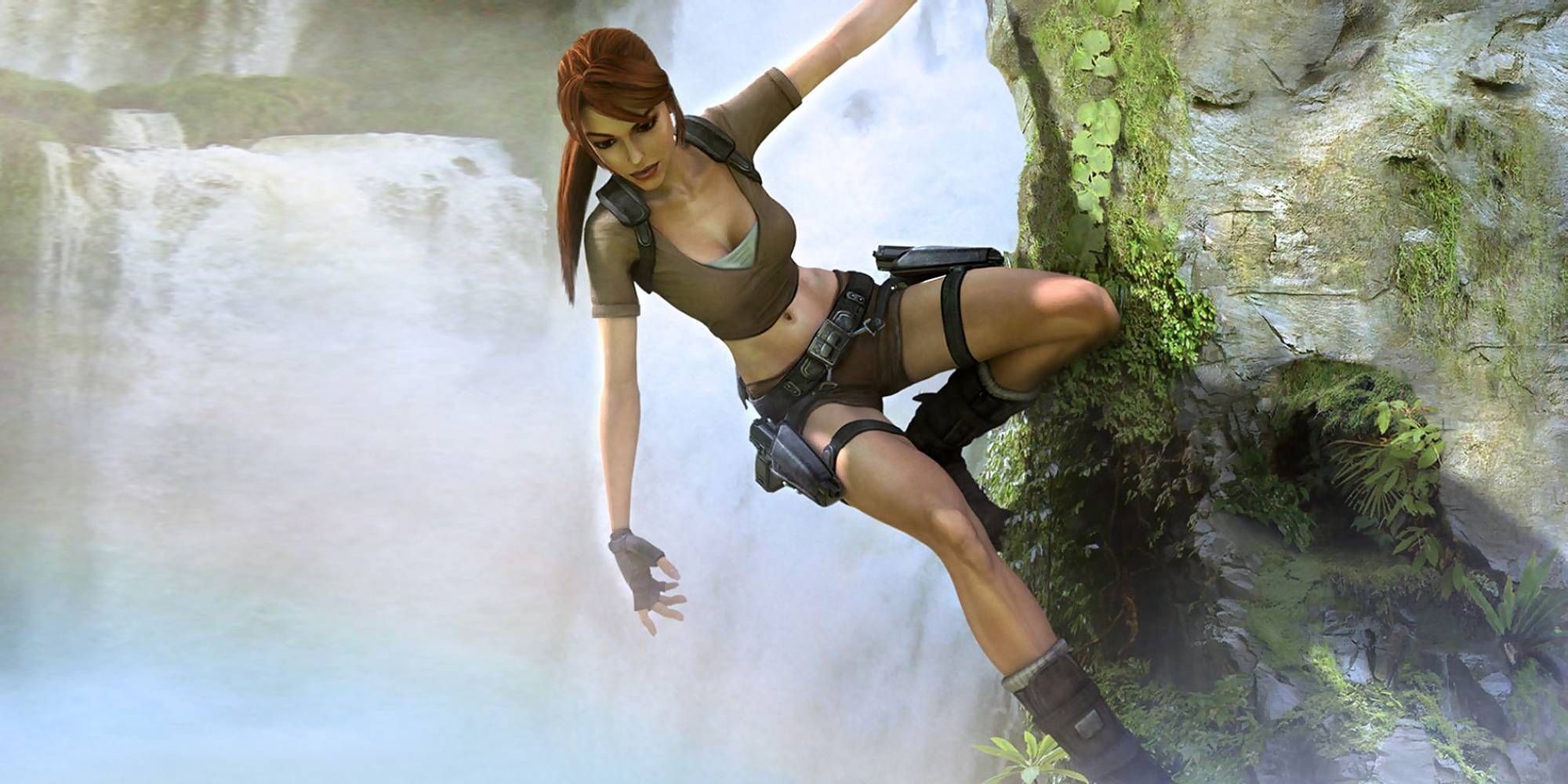 Lara Croft hanging on the side of a cliff in promo screenshot of Tomb Raider Legend.