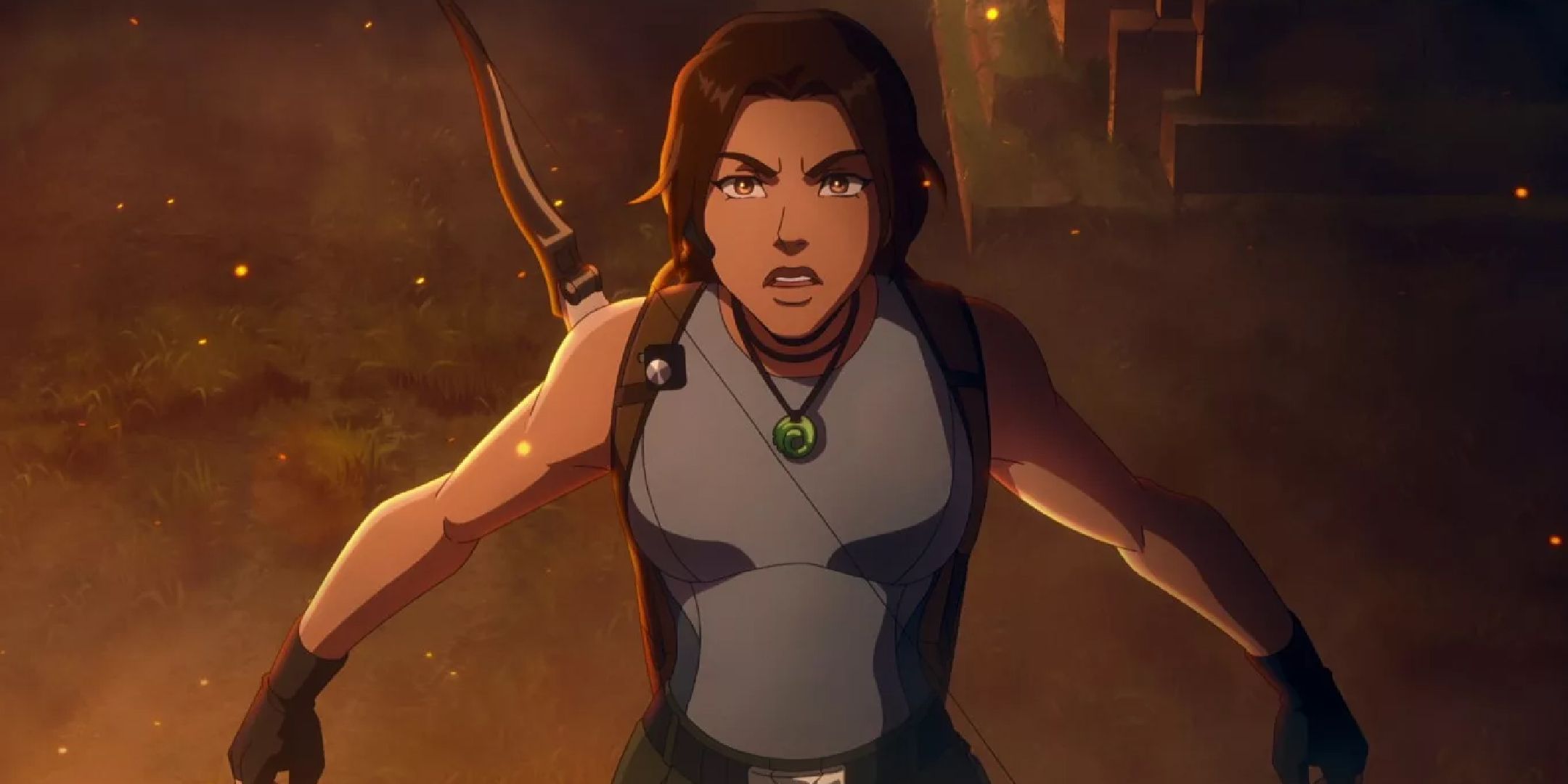 Animated Lara Croft in her iconic Tomb Raider outfit, arms spread out with a bow on her back looking past the camera.