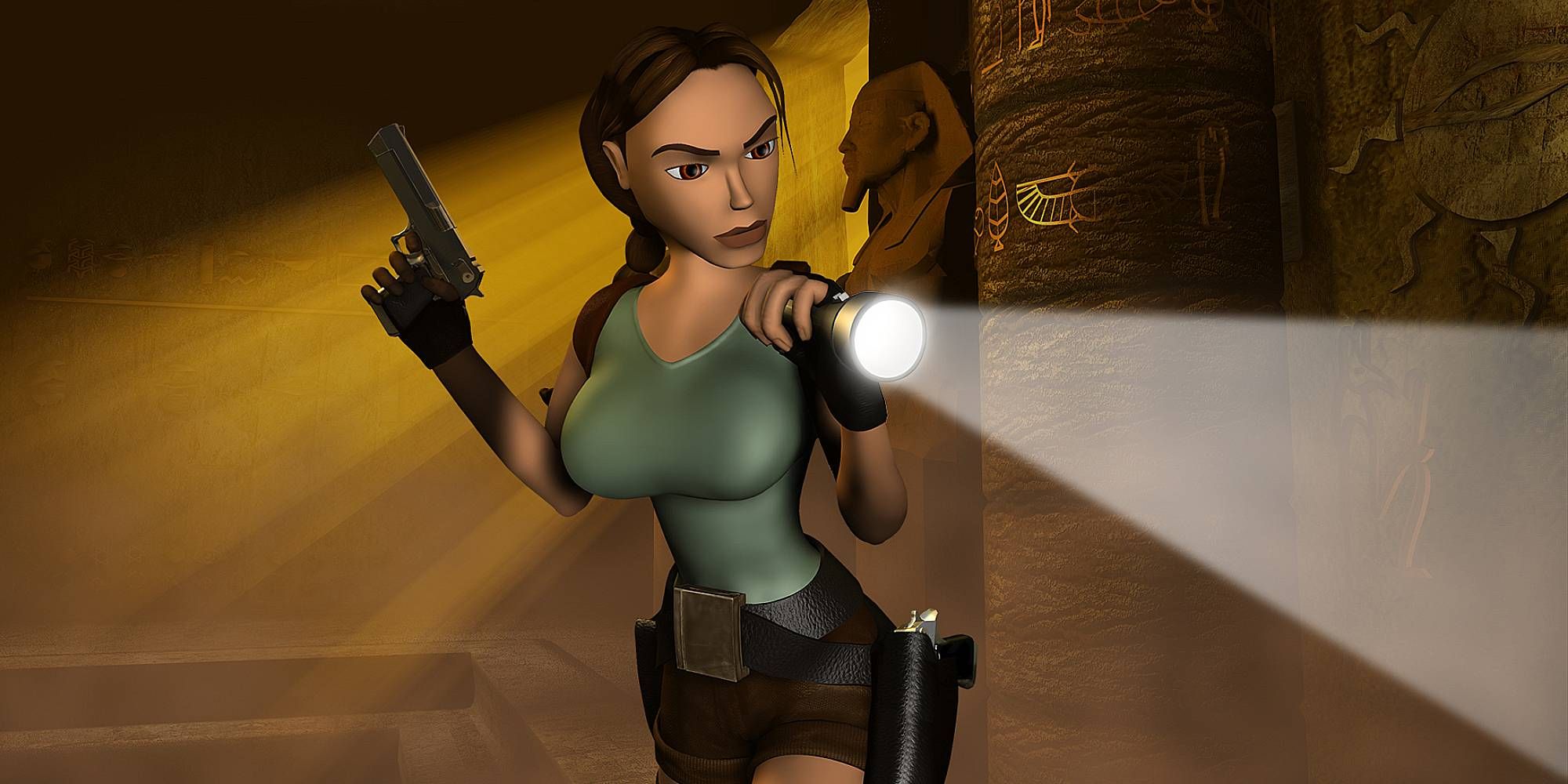 Lara Croft holds a flashlight as she investigates an Ancient Egyptian tomb.