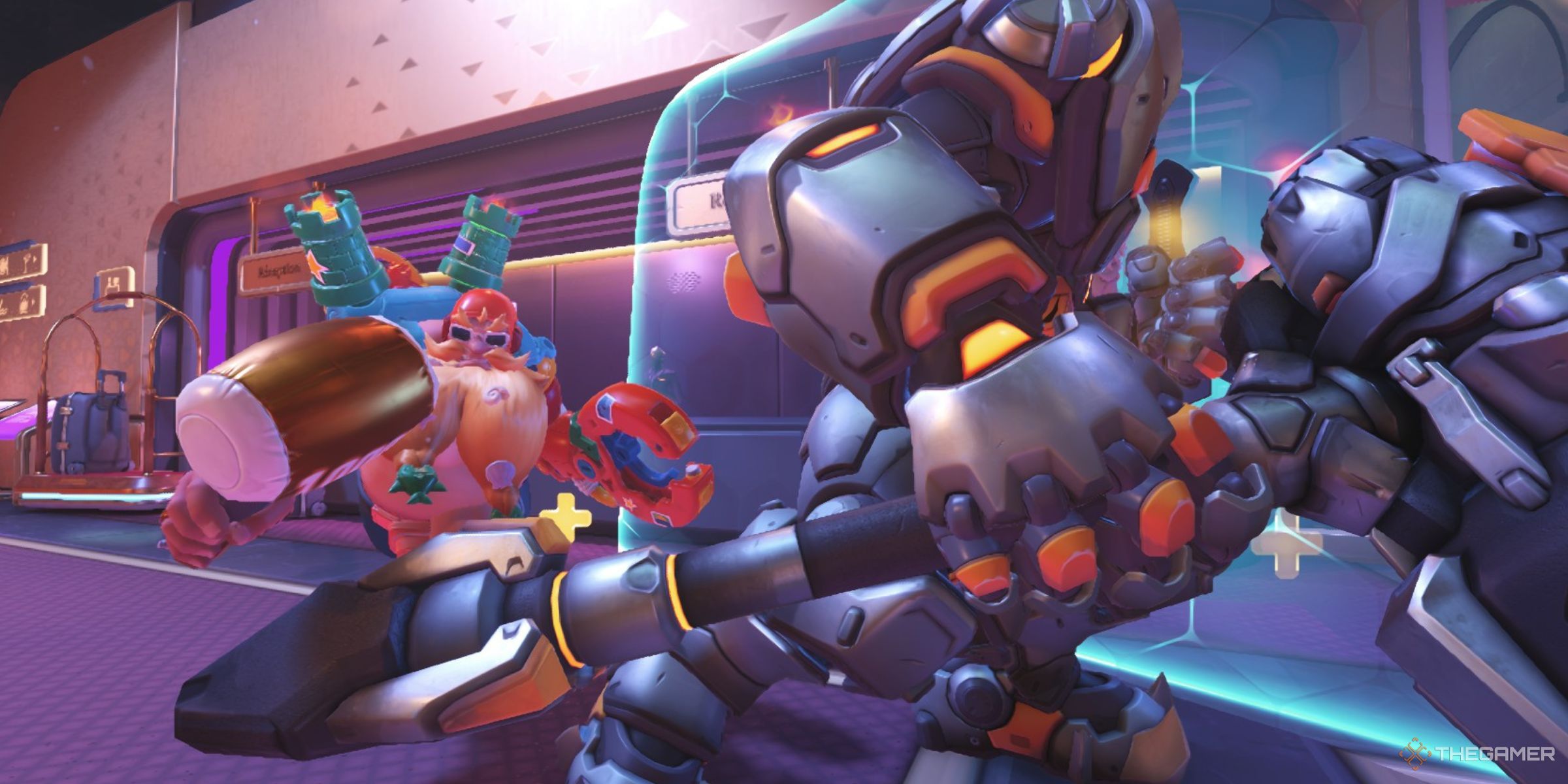 Torbjorn Hitting An Ally Reinhardt To Heal His Armor Using The Craftsman Perk In Overwatch 2.