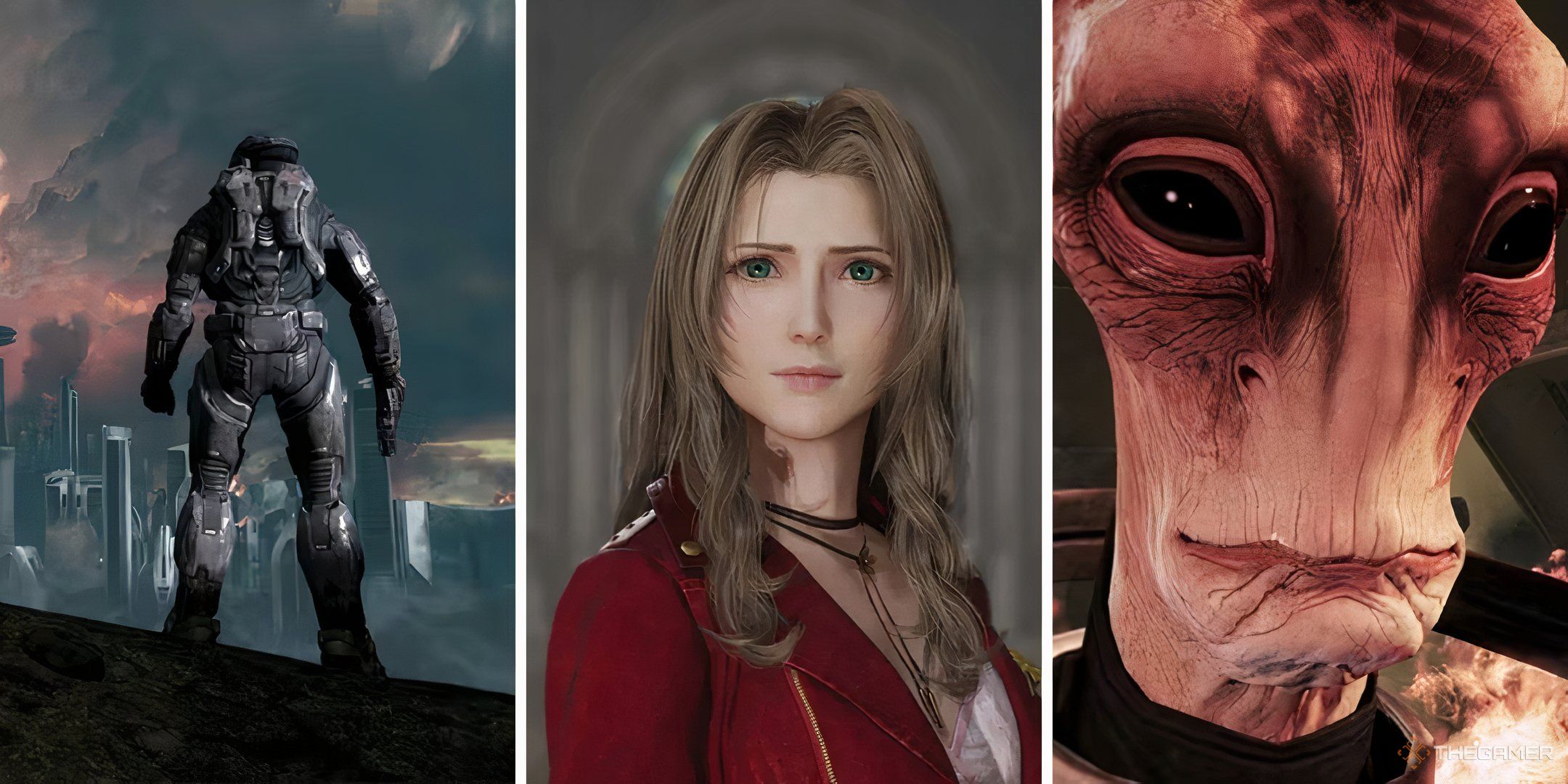 Split images of Halo Reach, Aerith, Mass Effect