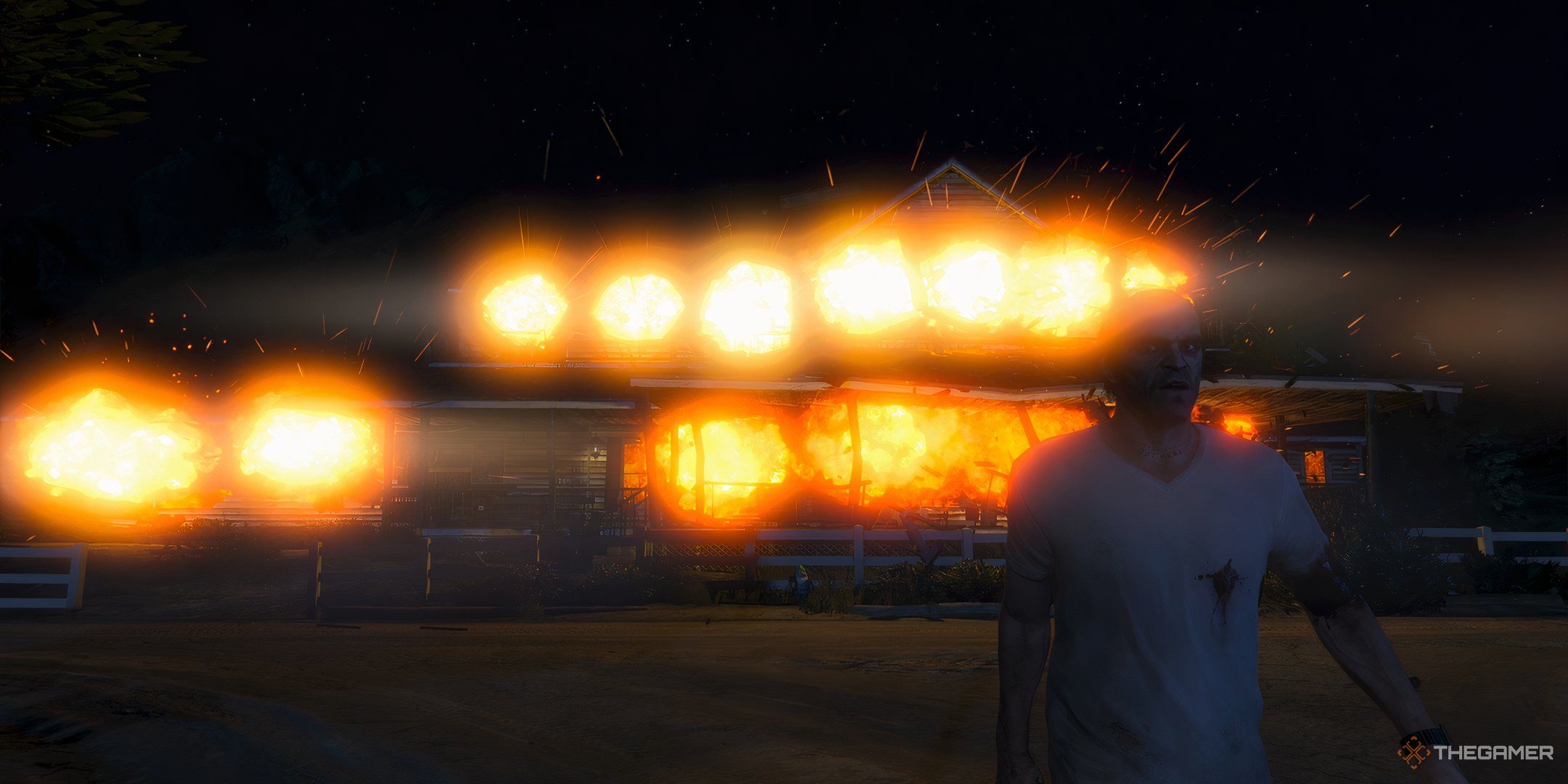 Trevor blowing up a house in Grand Theft Auto 5