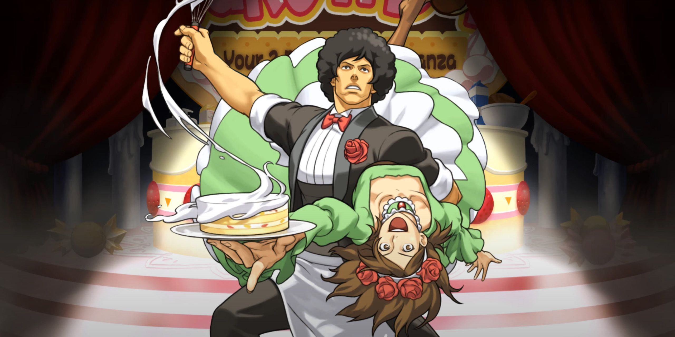 Samson Tangaroa dipping Judy Bound while the former holds a whisk and the latter holds a cake from Ace Attorney Investigations 2.