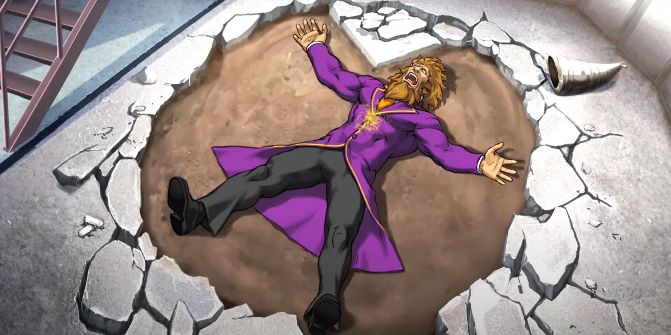 Di-Jun Wang's corpse lying in Taurusaurus's footprint from Ace Attorney Investigations 2.