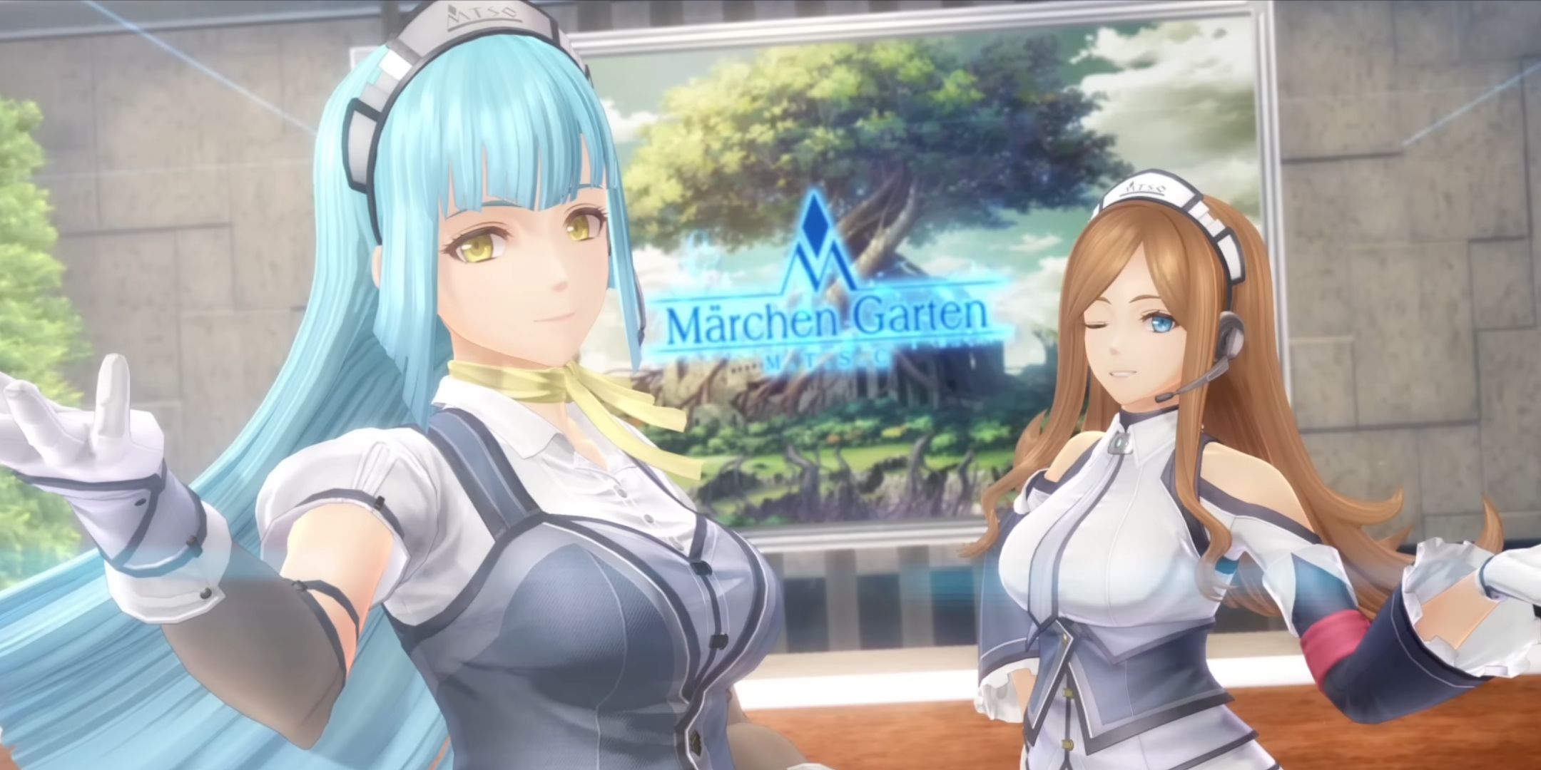 Two female character posing in front on a sign for Marchen Garten