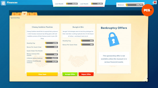 Two Point Museum review: the finance UI showing the sponsorship deals you can take