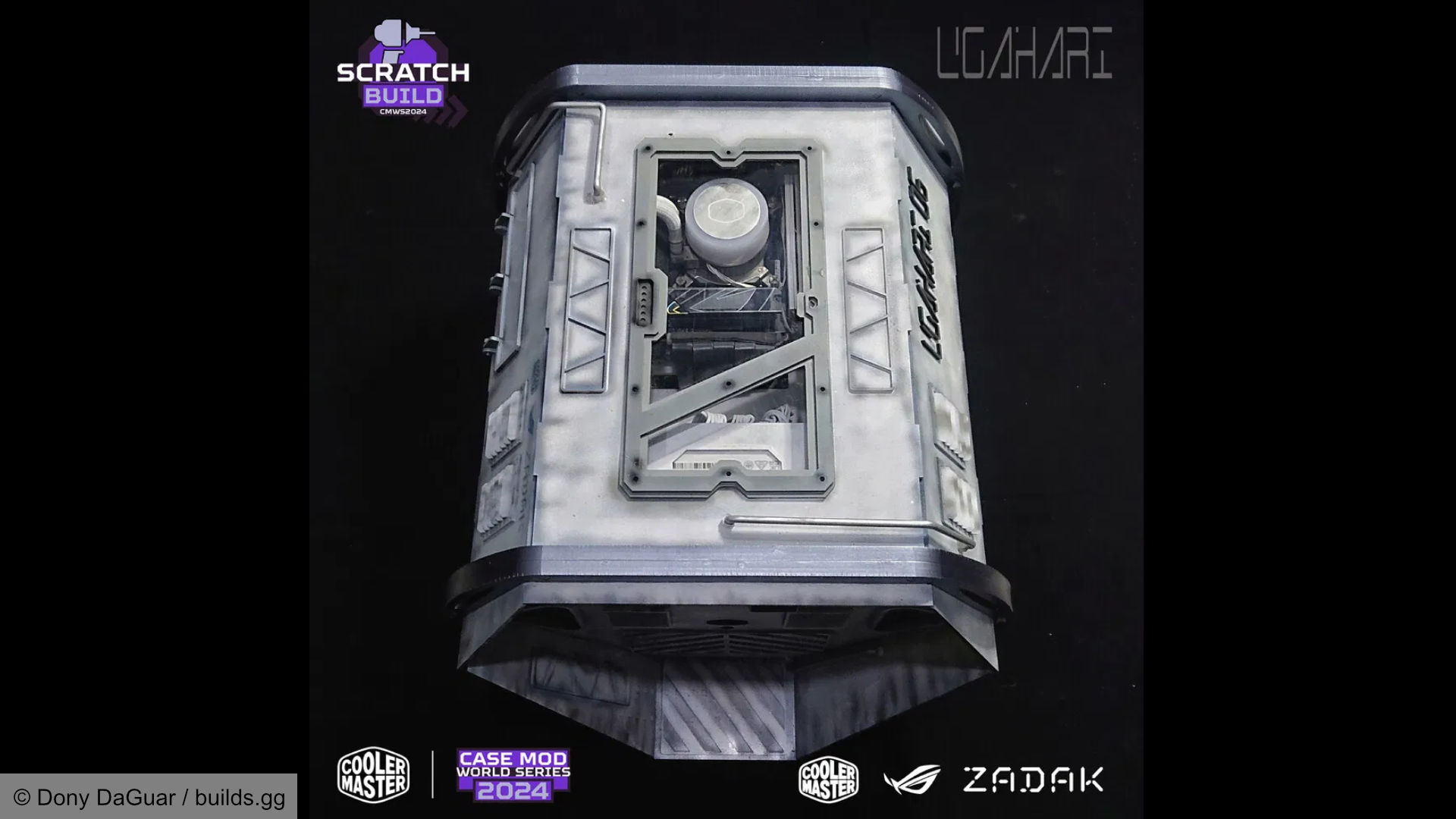 Futuristic space-like gaming PC build, top view.