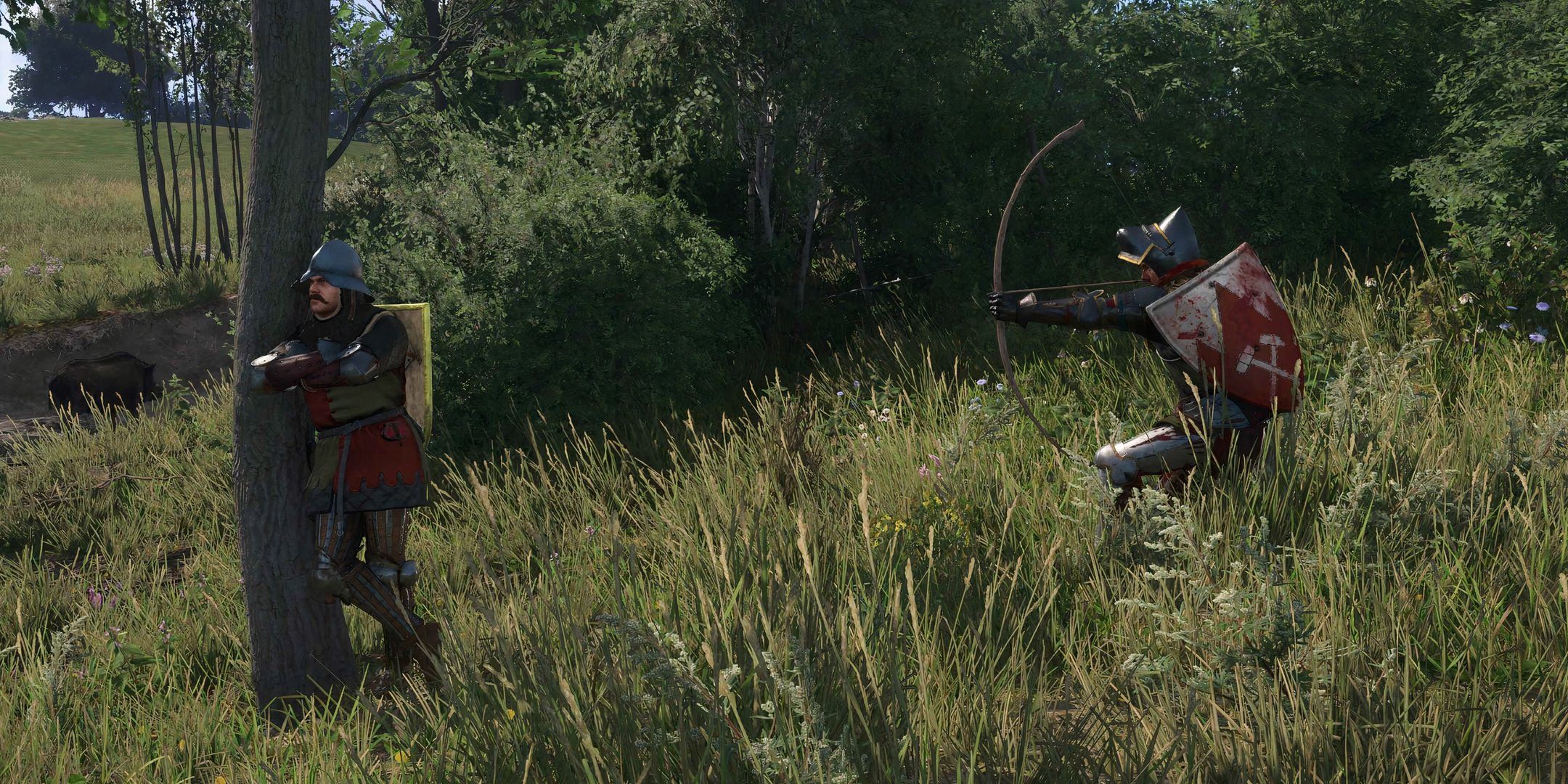 Henry firing a bow at an unsuspecting guard leaning against a tree in Kingdom Come Deliverance 2. 