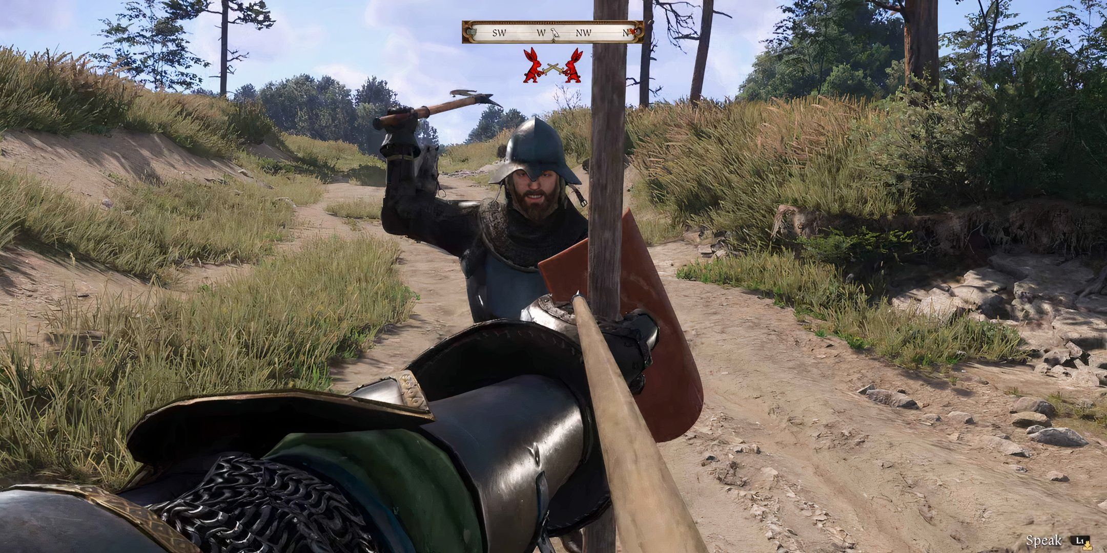 Henry firing a bow at a charging bandit in Kingdom Come Deliverance 2.