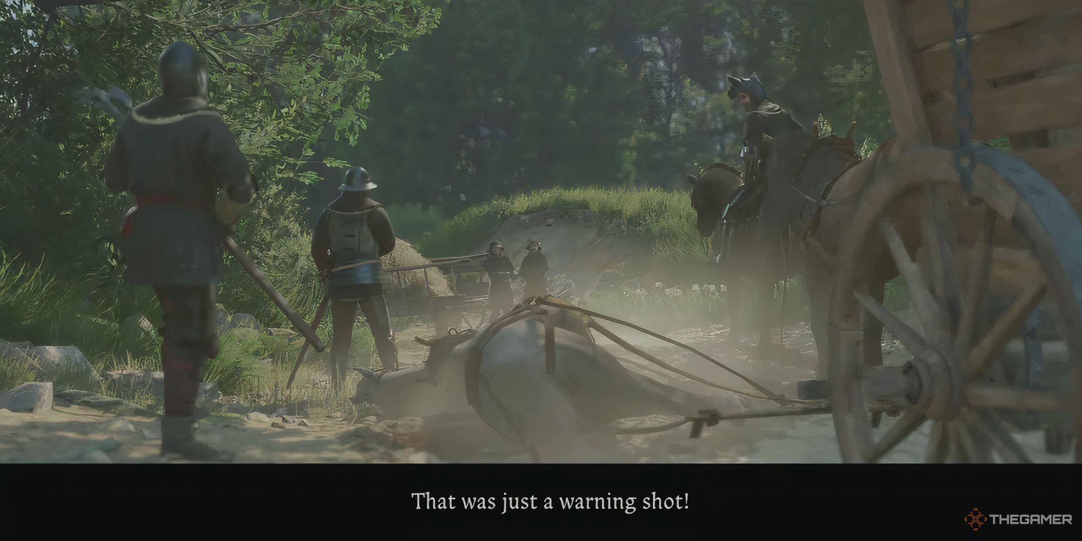 Henry yelling to a group of armed soldiers, "that was just a warning shot!" in kingdom come deliverance 2.