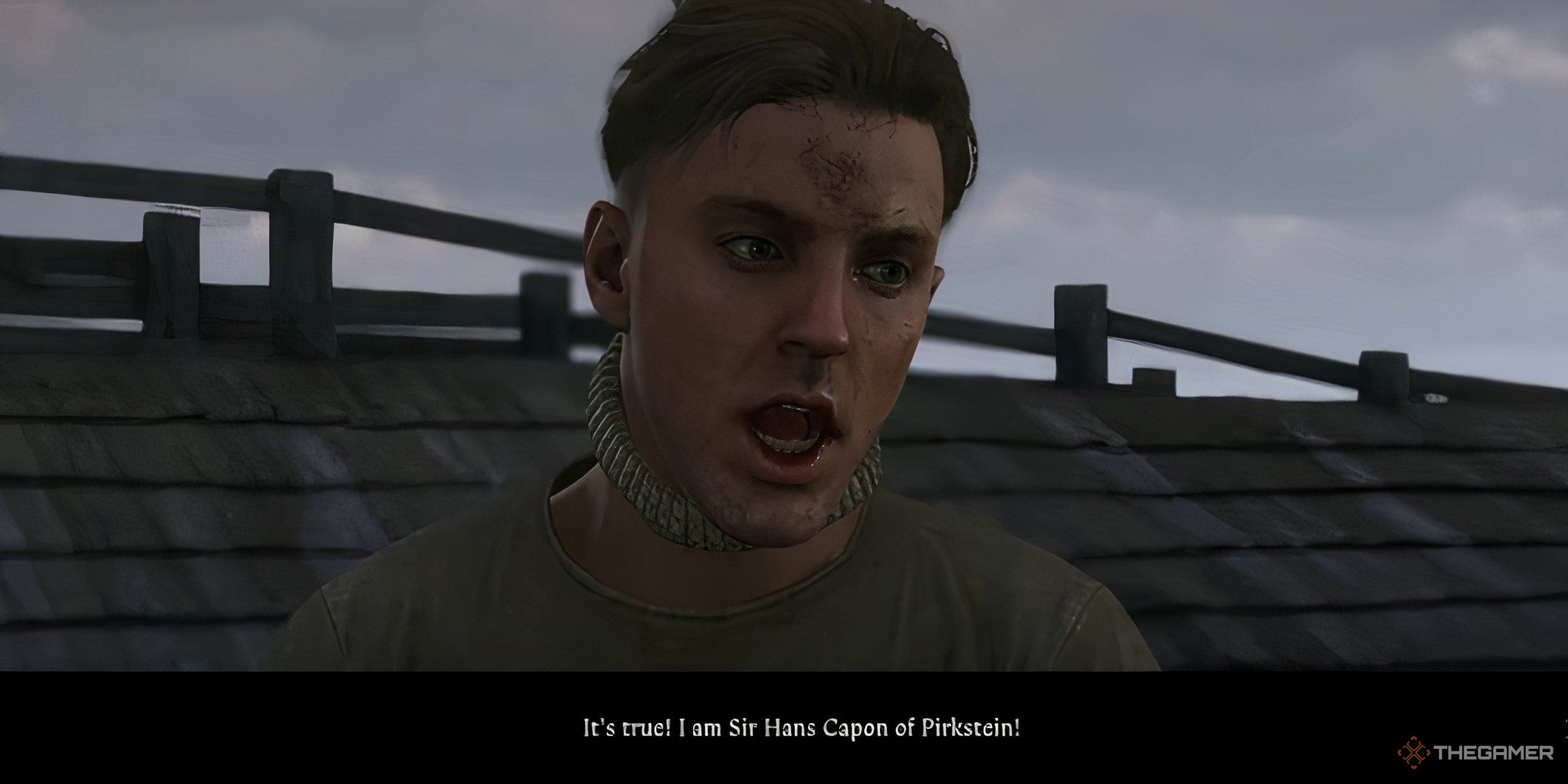 Hans Capon in a noose yelling "I am sir Hans Capon of Pierkstein" in kingdom come deliverance 2.