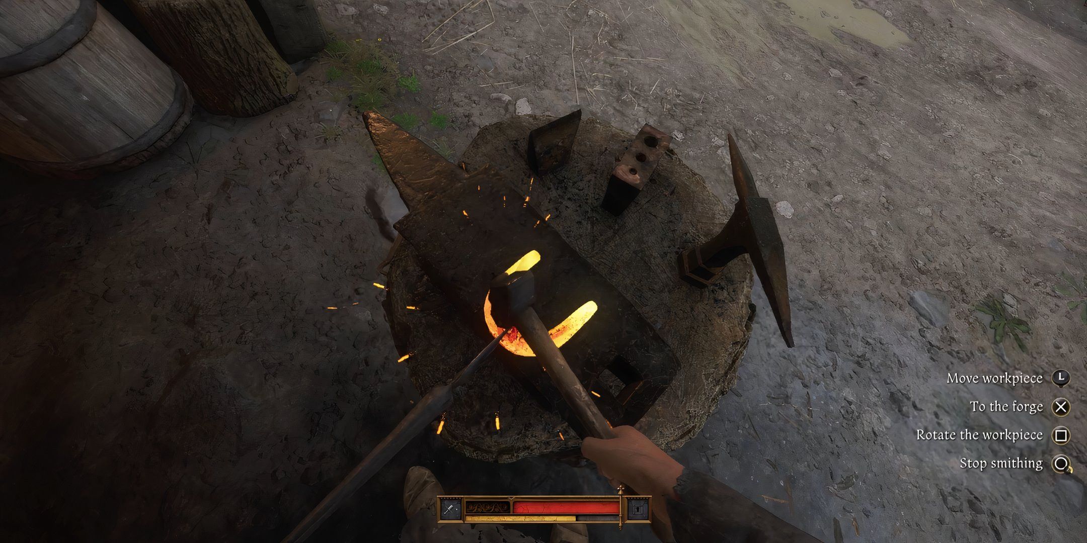 Henry hammering a red hot horseshoe at an anvil in kingdom come deliverance 2. 