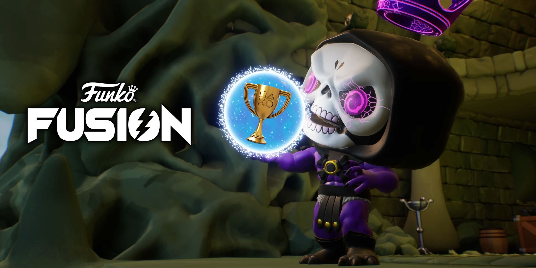 Skeletor in Funko Fusion holding a PS trophy