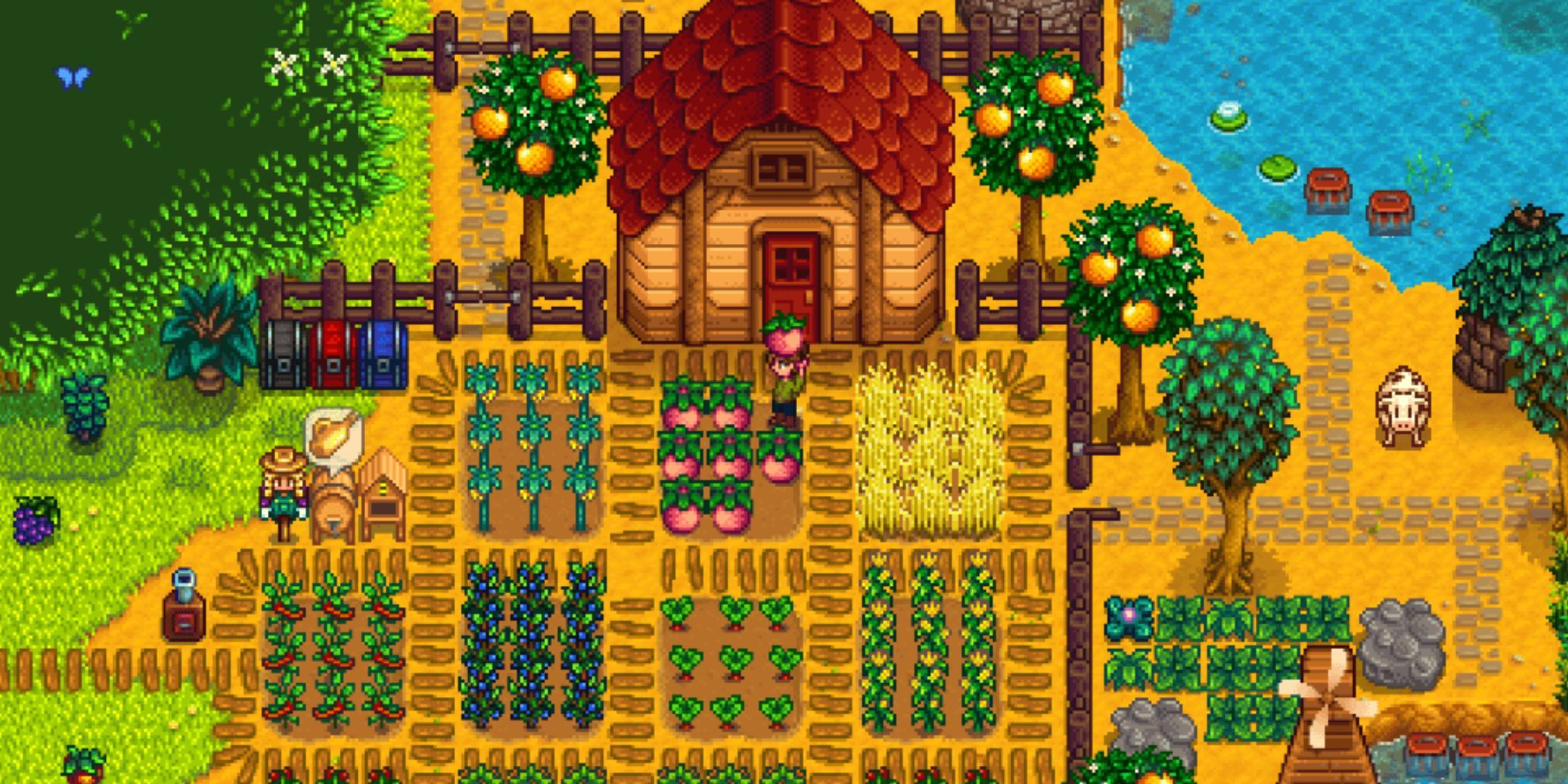 A character standing in the middle of their farm holding a melon in Stardew Valley.