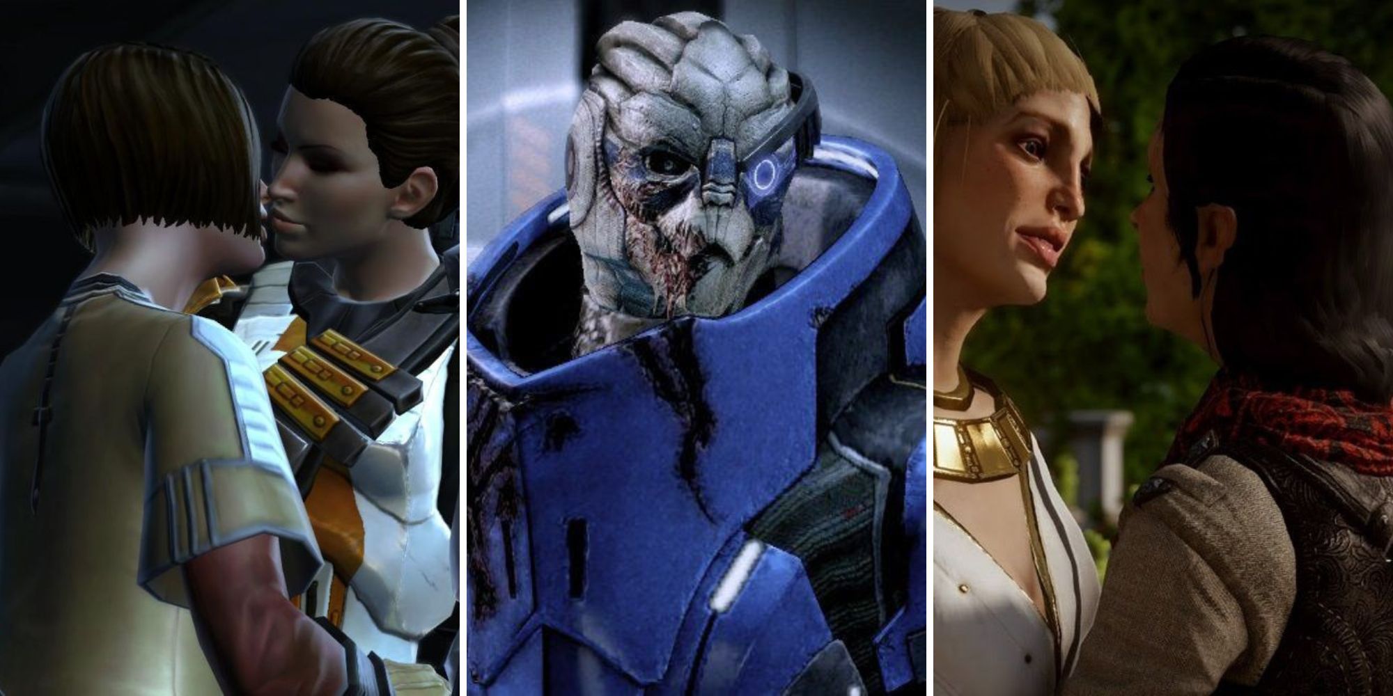 A grid showing romances from Star Wars: The Old Republic, Mass Effect 2, and Dragon Age: Inquisition