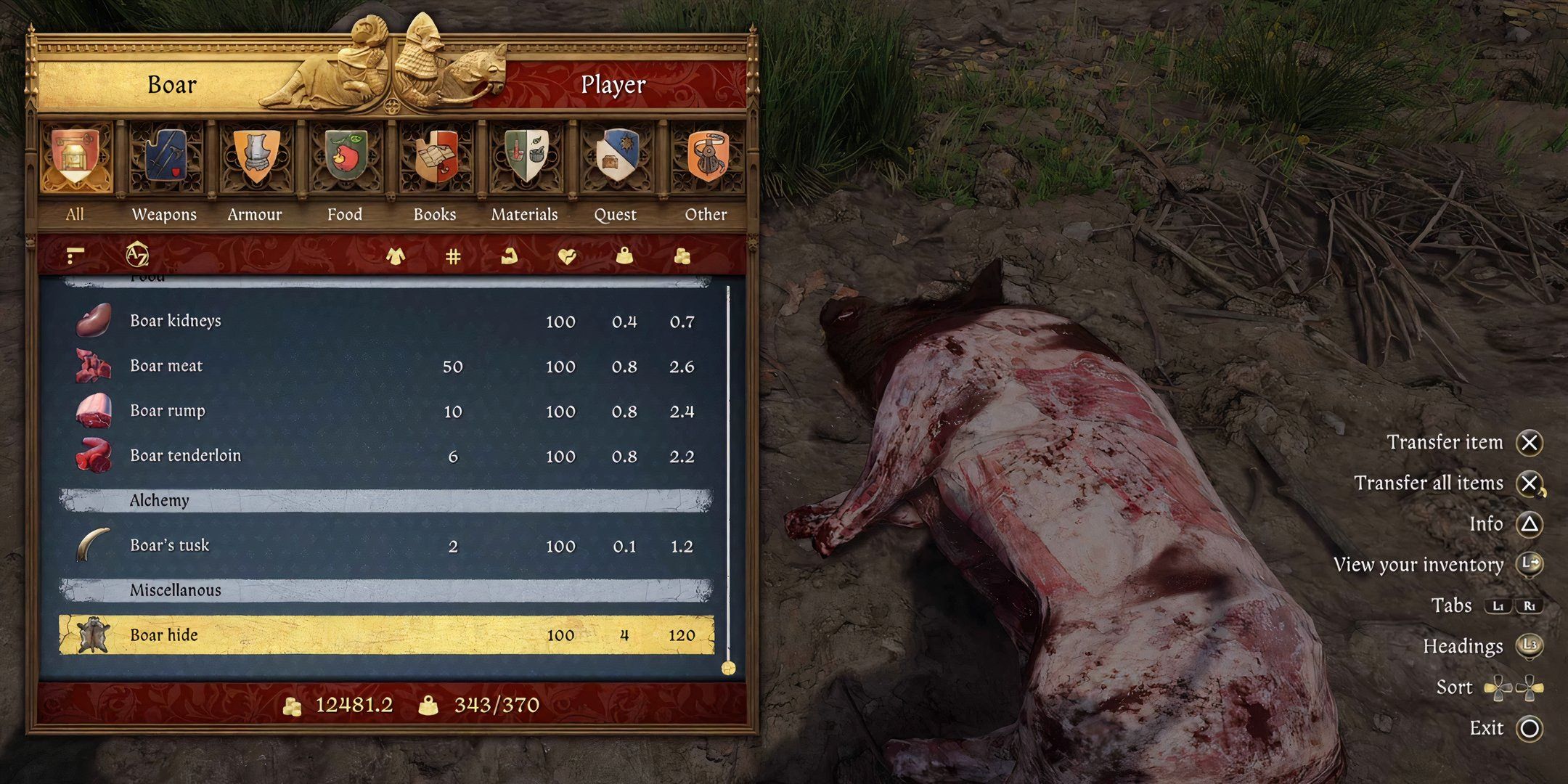 Killed boar inventory in kingdom come deliverance 2.