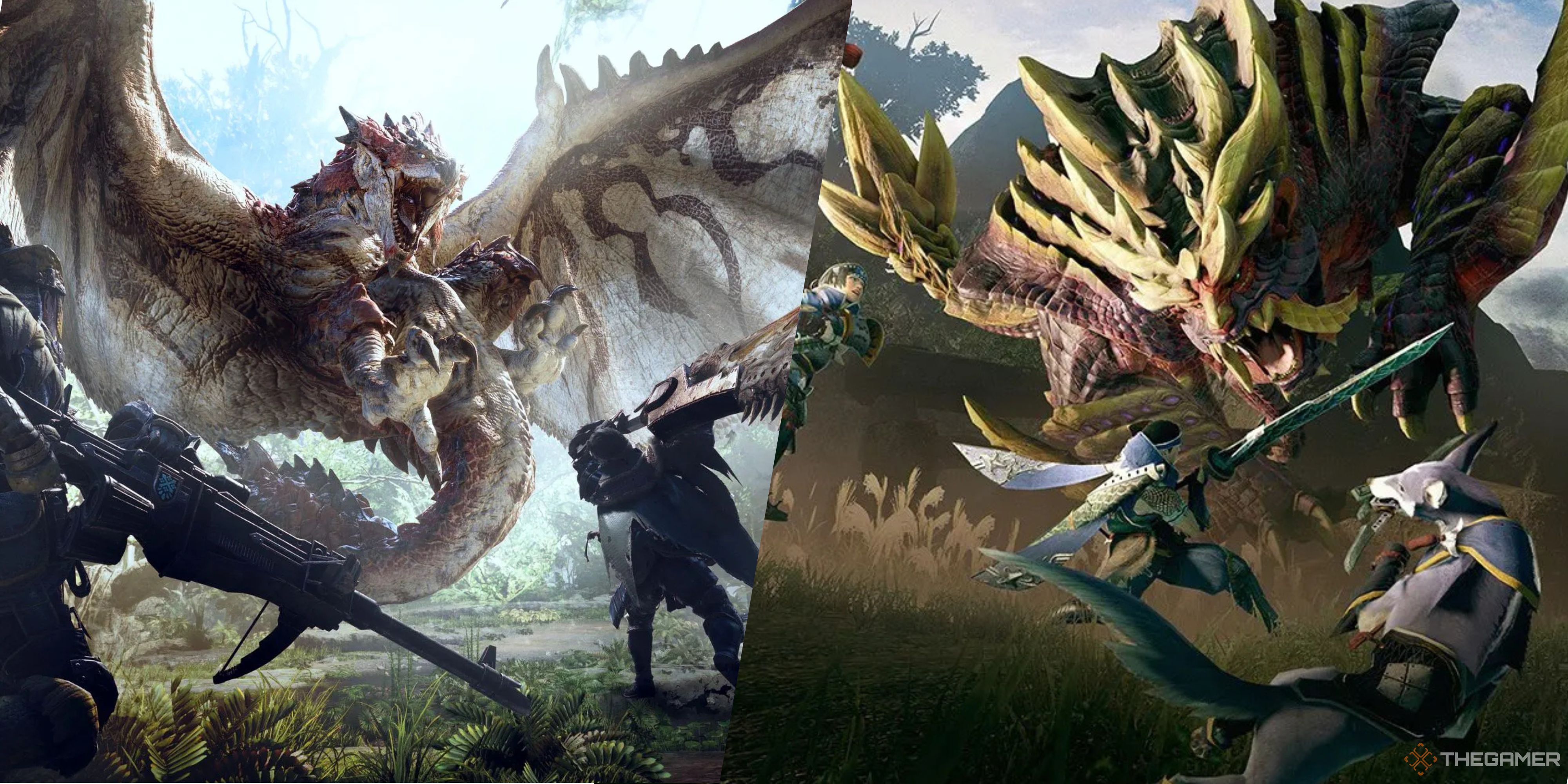 players battling monsters in monster hunter world and monster hunter rise.