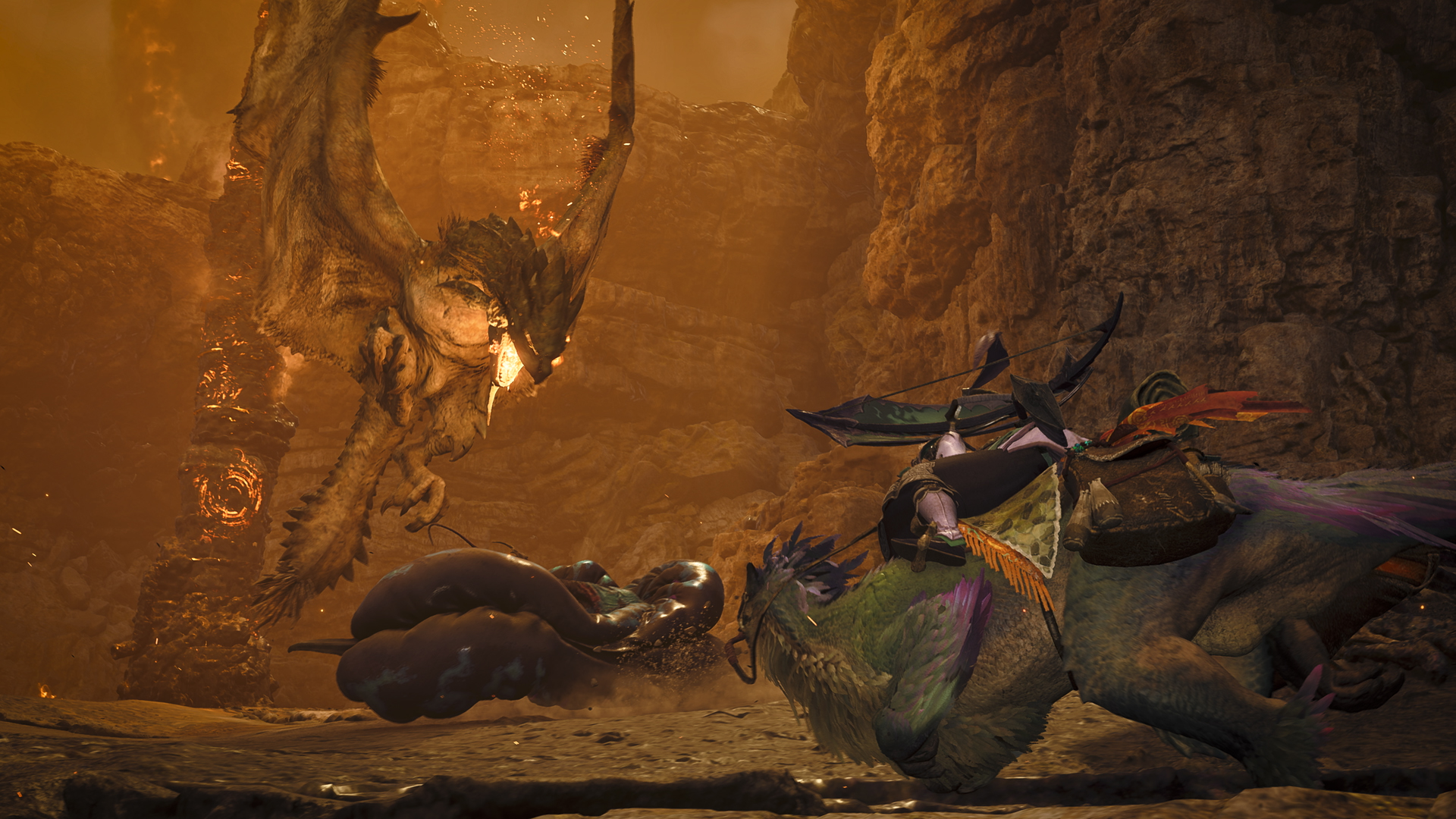 Monsters engage in a turf war in the Oilwell Basin in Monster Hunter Wilds as a hunter tries to sneak by on a Seikret