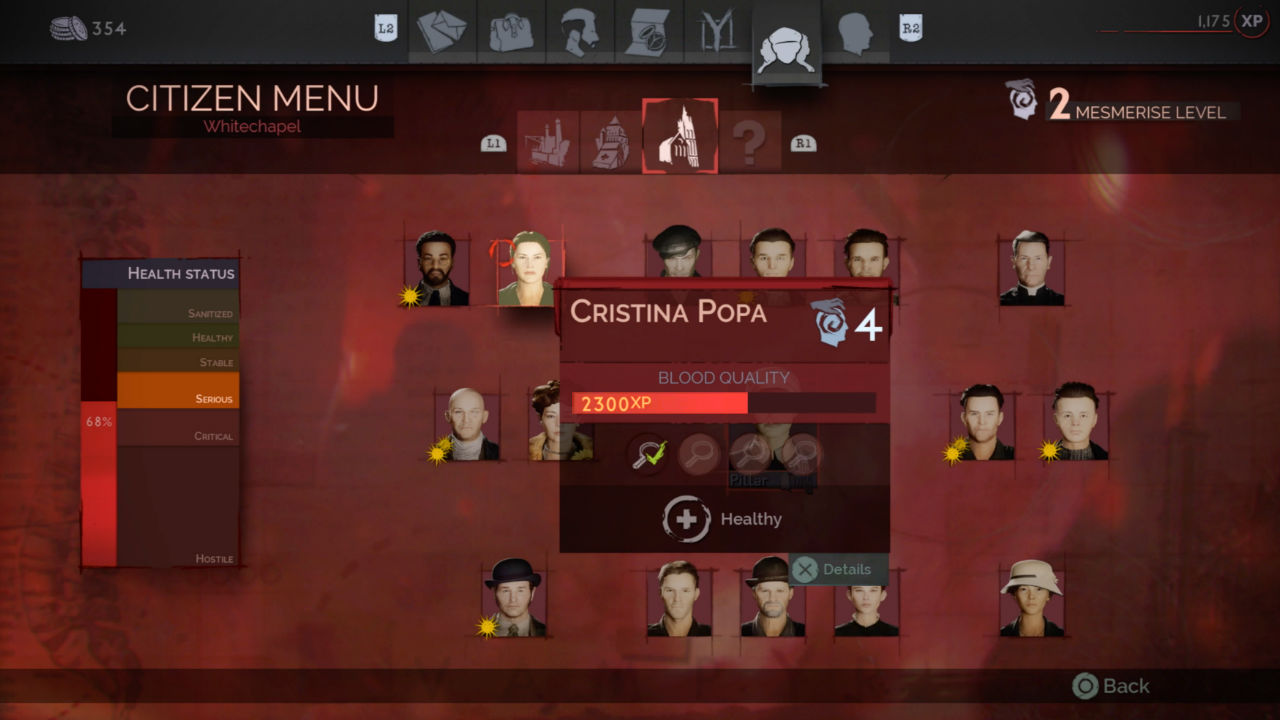 Vampyr screenshot of the citizen menu, showing district health and embraceable NPCs