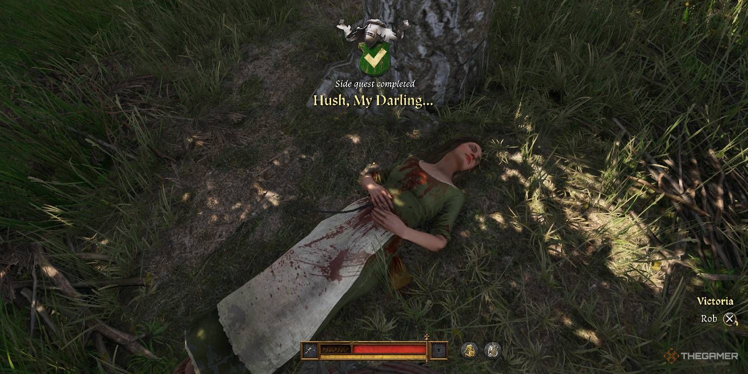 Victoria lying dead in the woods at the end of her sidequest in Kingdom Come: Deliverance 2.