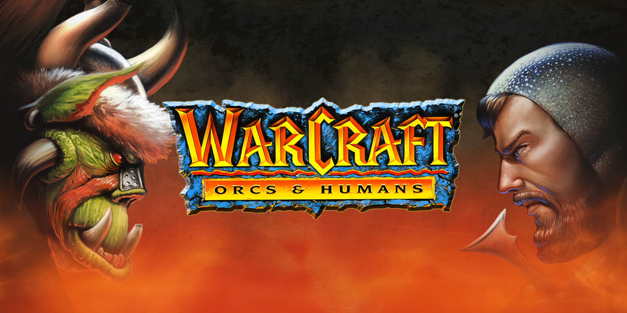 An orc and a human staring at each other. The text in the middle reads: Warcraft: Orcs & Humans