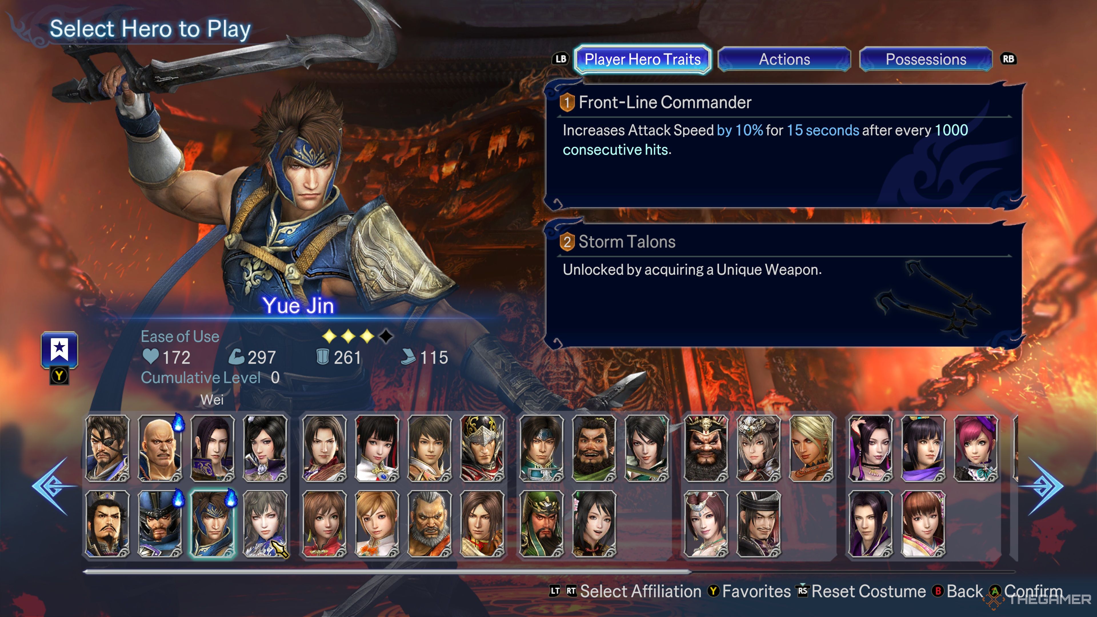A look at Yue Jin at the Hero selection screen in Warriors: Abyss. Here, he is a Bonus State Hero, meaning he will net more Karma Embers if you play him.