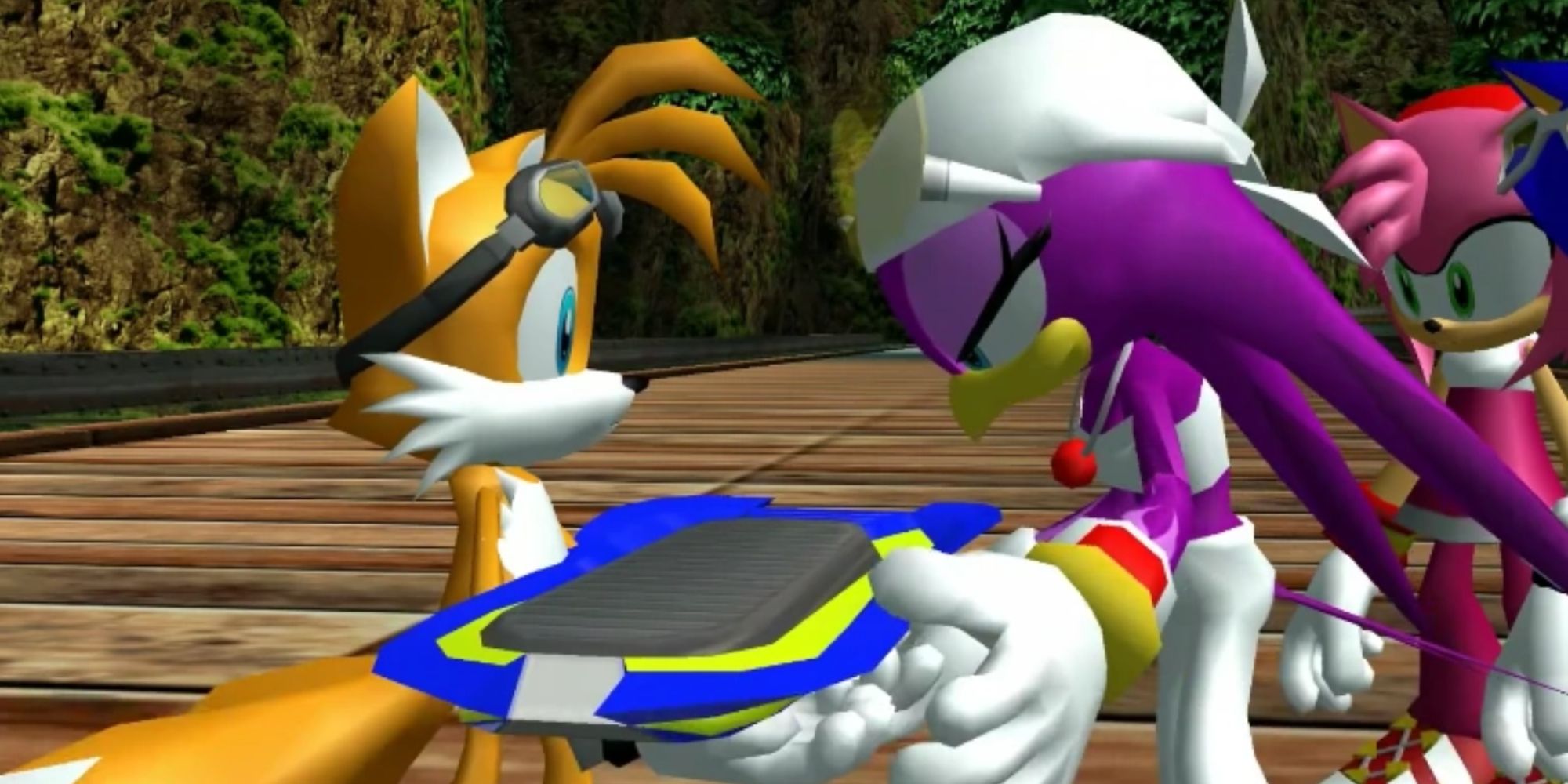 Wave and Tails stood together with a board between them in Sonic Riders.