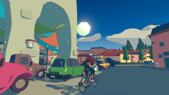 A character cycles through a colourful town in Wheel World.