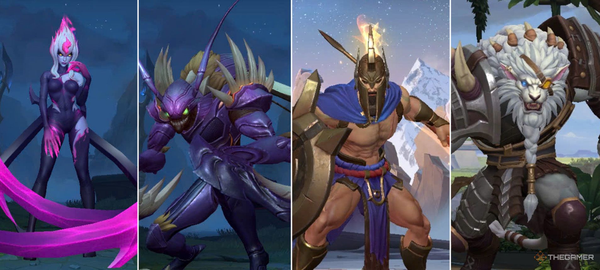 Four examples of Wild Rift Jungle Assassins: Evelyn, Kha'Zix, Pantheon, Rengar.