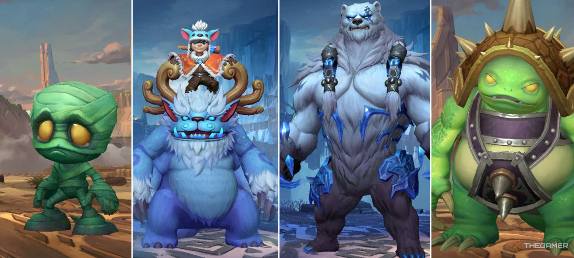 Four Wild Rift Jungle Tank Champions: Amumu, Nunu and Willump, Volibear, and Rammus.