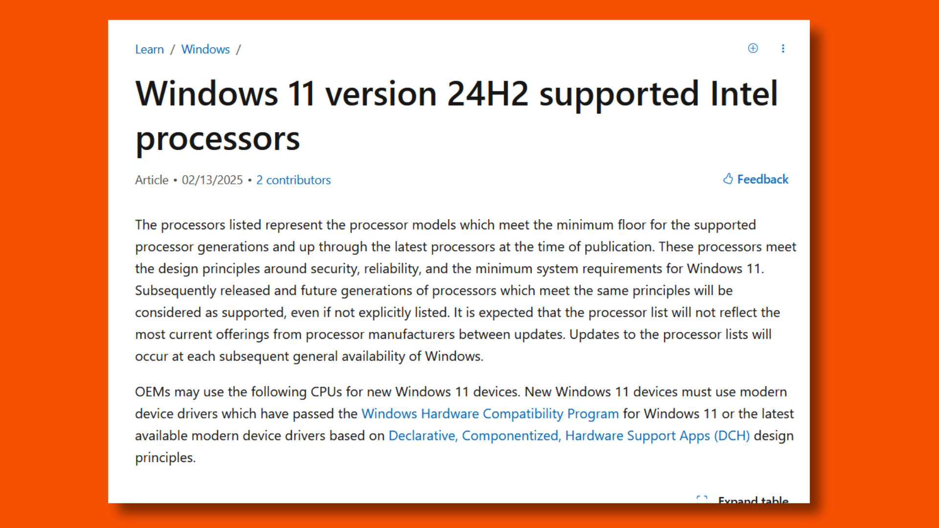 Windows 11 supported processors list for Intel CPUs