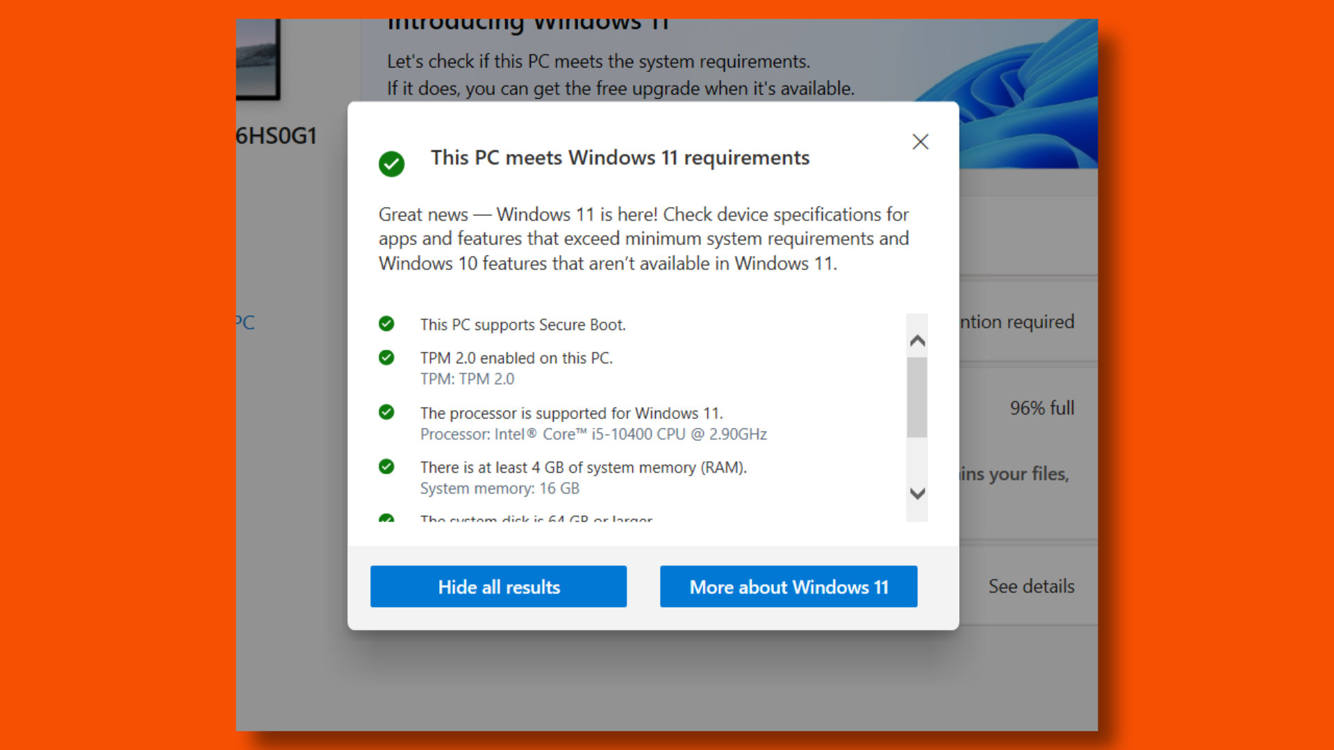 PC Health Check showing 10th-gen Intel CPU continues to be supported