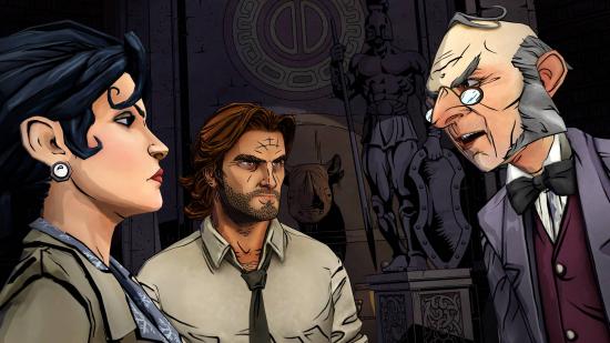 Best story games - a scruffy-looking detective and a smart-looking woman talk to an aristocratic man in a museum in The Wolf Among Us.