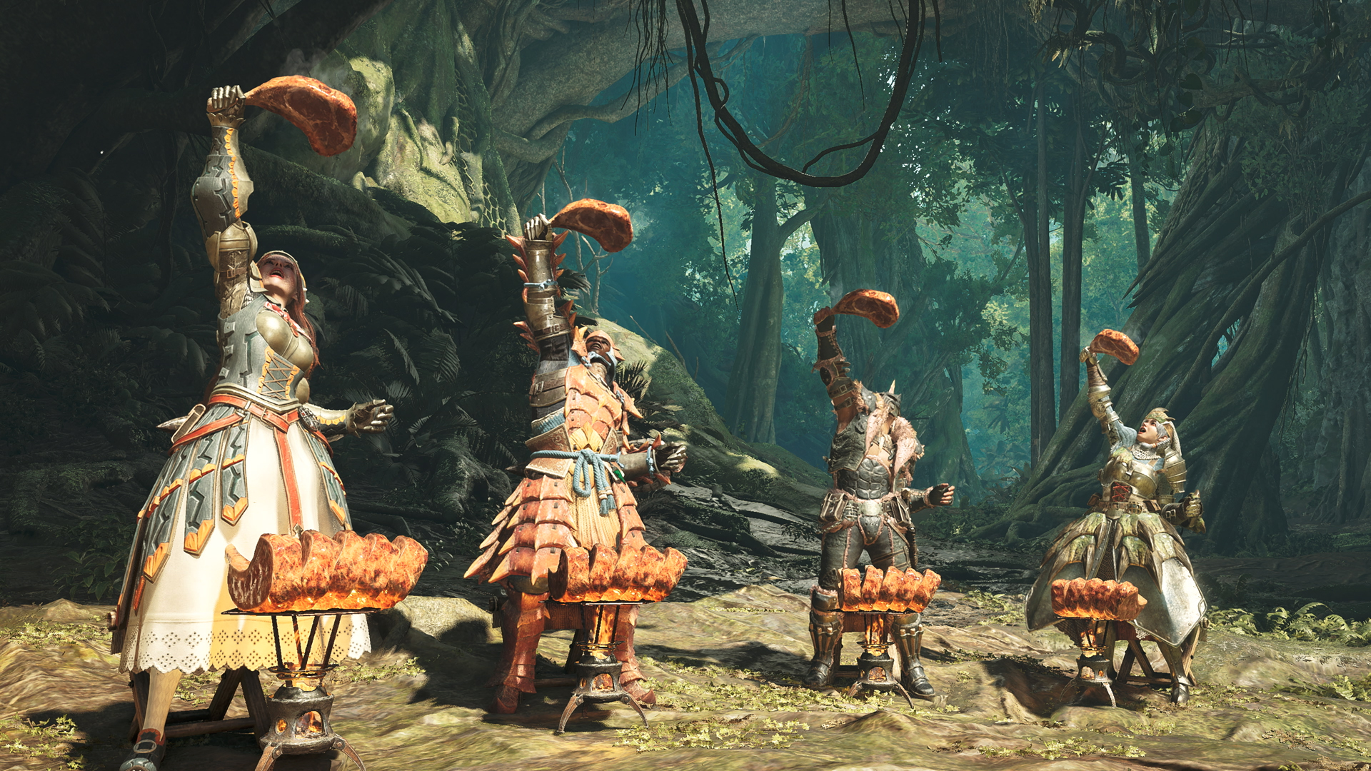 Four players in Monster Hunter Wilds use the portable BBQ grill to cook up some meat, holding their results high into the air