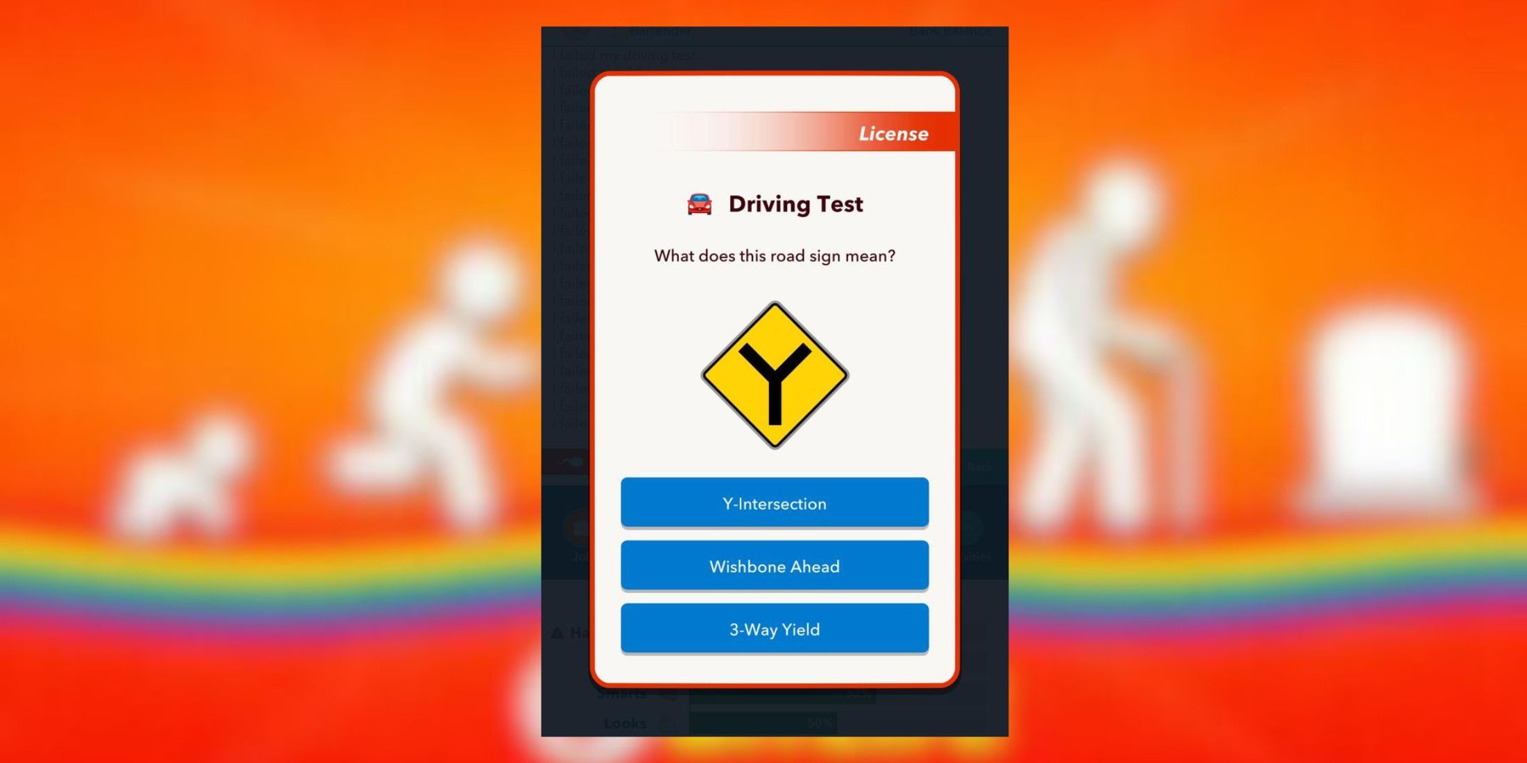 y intersection sign in driving test bitlife