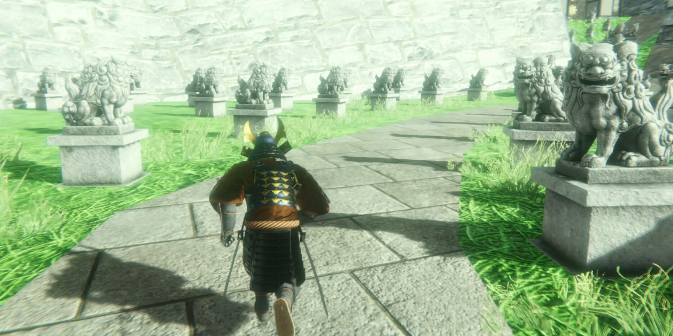 Yasuke Simulator, showing a samurai running through a field with the same statue repeated