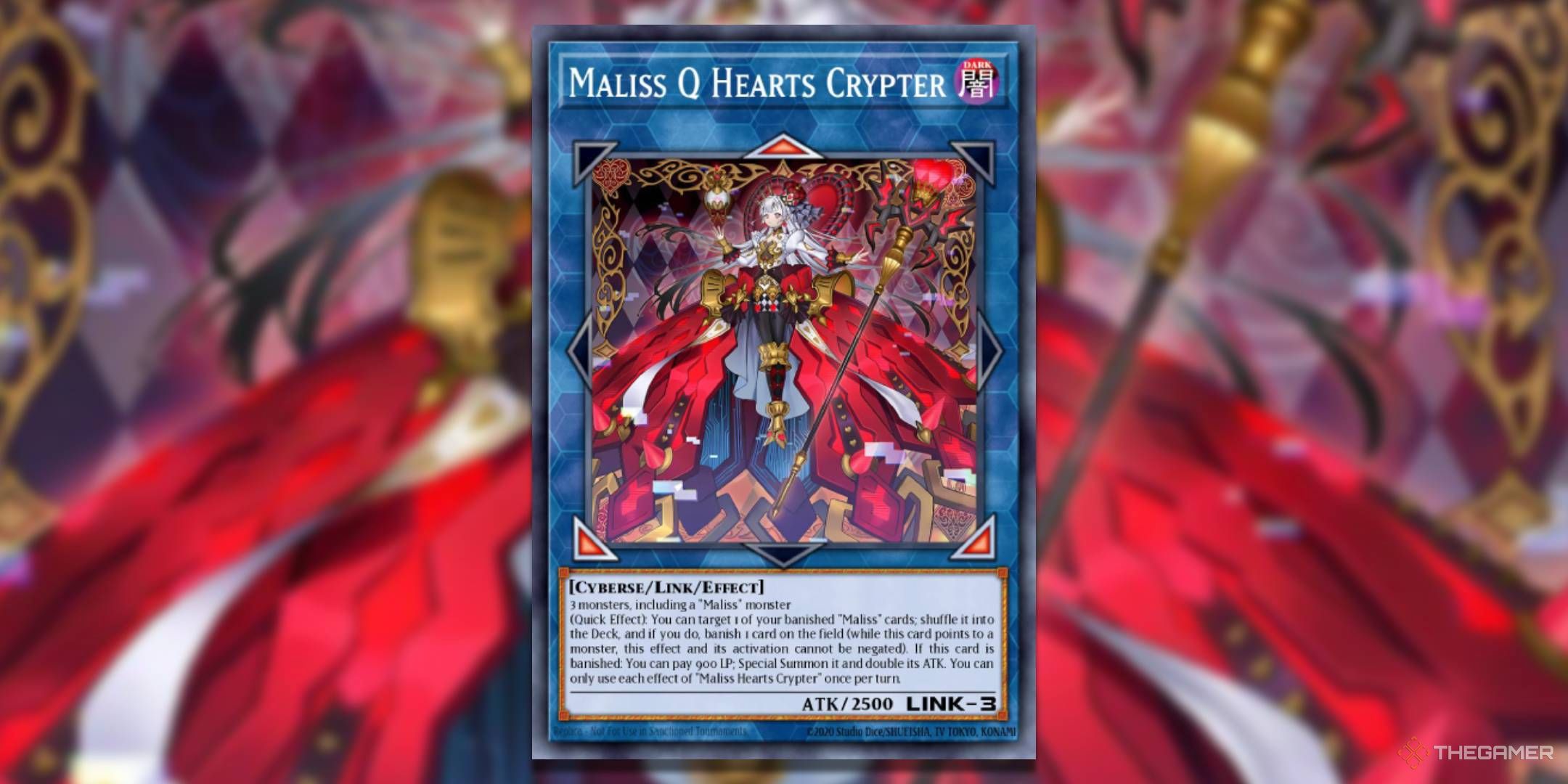 YGO Maliss Q Hearts Crypter card with the art in the background.