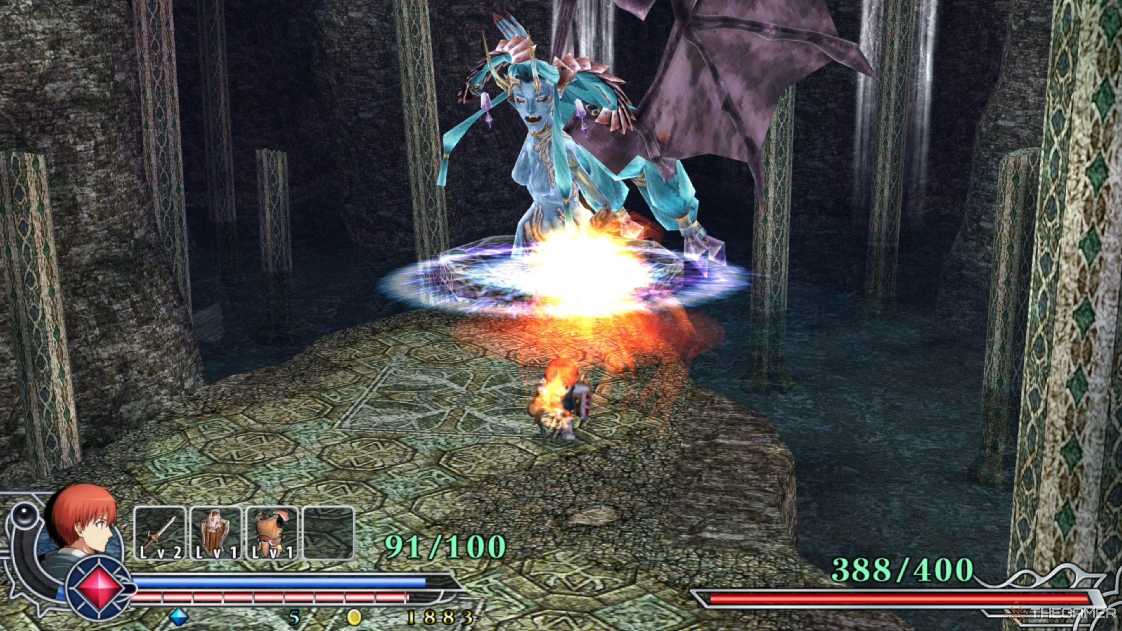 Adol launching a charged fireball at Ellefale with his Ignis Bracelet in Ys Memoire: The Oath in Felghana.